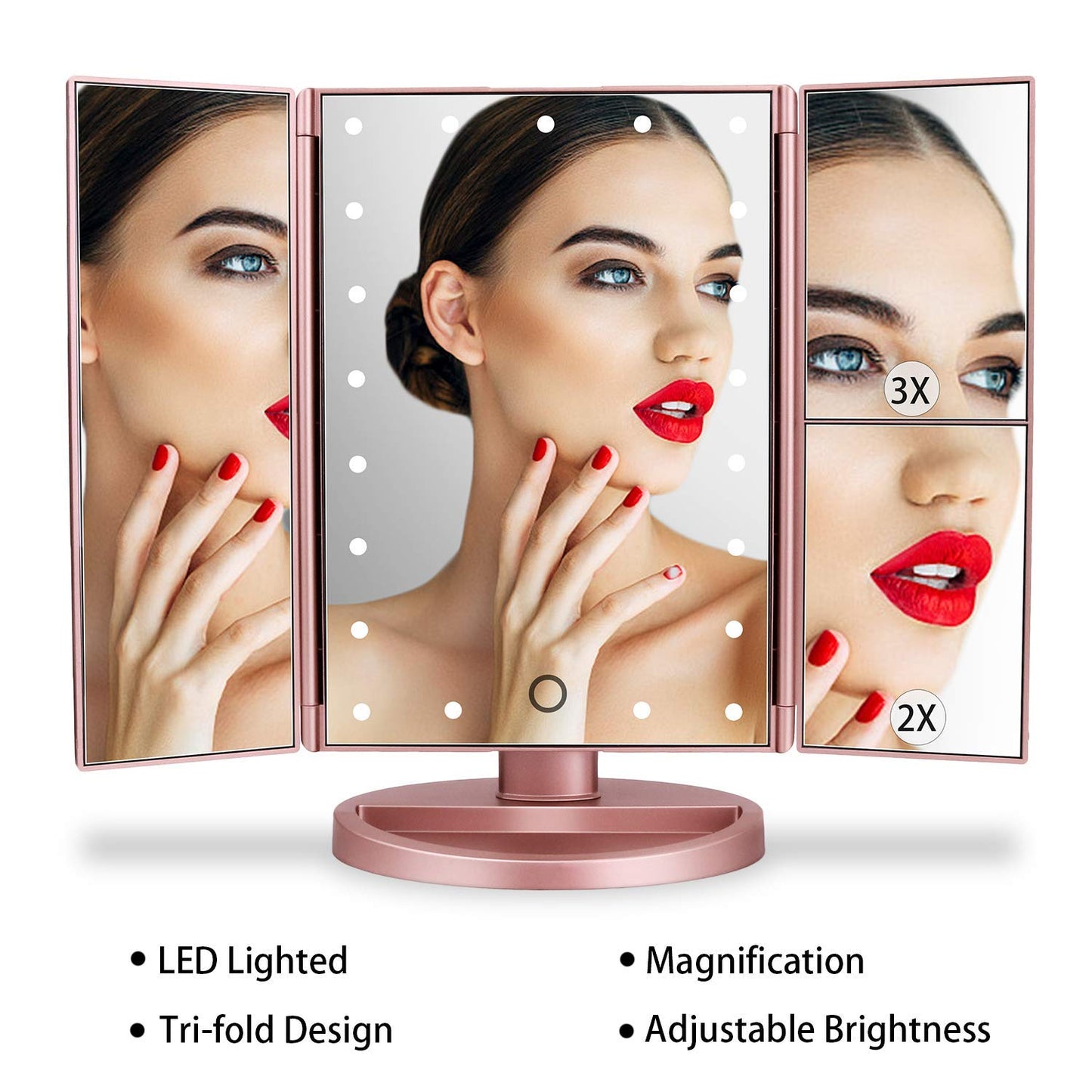 deweisn Dresser Mount Tri-Fold Lighted Vanity Mirror with 21 LED Lights, Touch Screen and 3X/2X/1X Magnification, Two Power Supply Modes Make Up Mirror,Travel Mirror