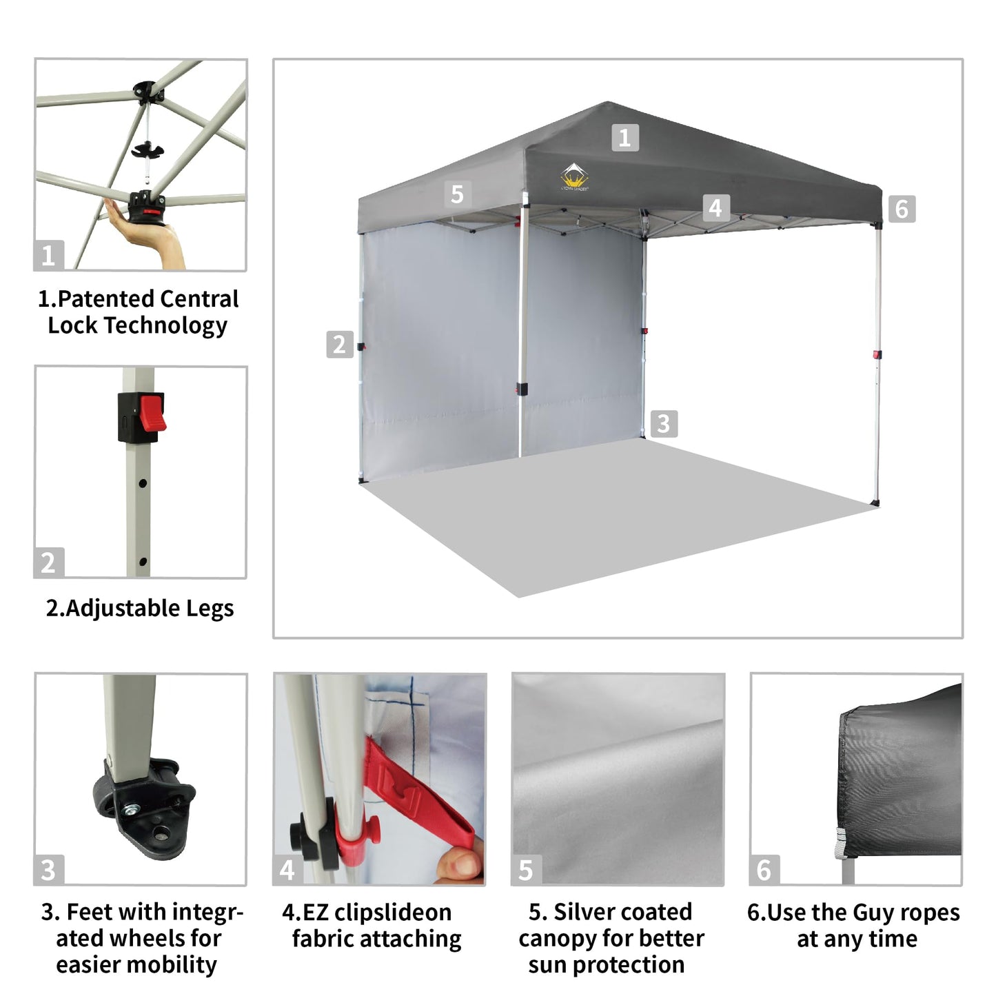 CROWN SHADES 8x8 Pop Up Canopy with 1 Side Wall - Beach Tent with One Push Setup - Outdoor Sun Shade for Events, Parties, Camping - Gazebo with STO-N-Go Cover Bag (Grey)