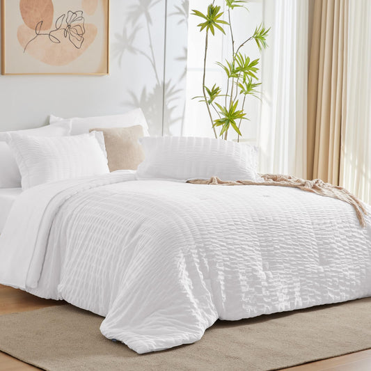 CozyLux Twin XL Seersucker Comforter Set with Sheets White 5-Pieces Twin Extra Long Bed in a Bag for College Dorm All Season Bedding Sets