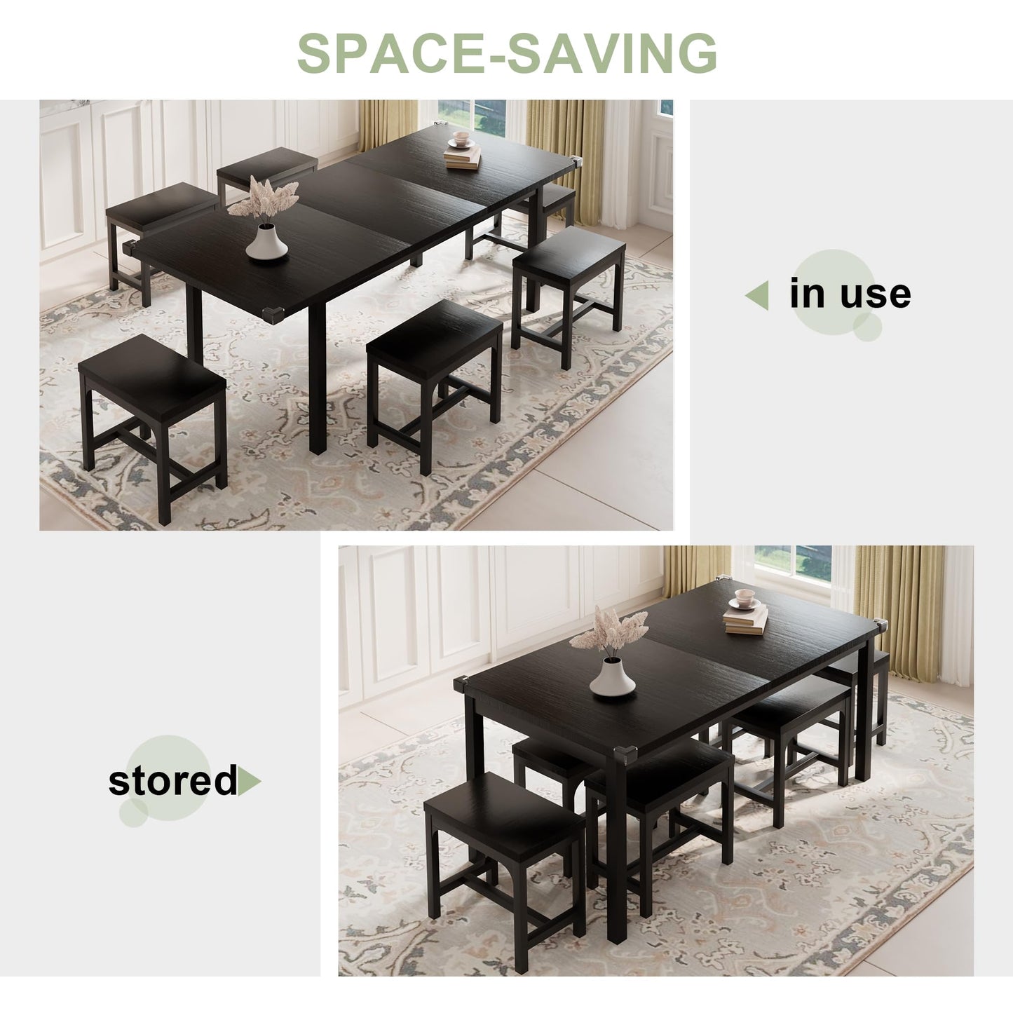 Feonase 7-Piece Dining Table Set with 6 Stools, 63" Large Extendable Kitchen Table Set for 4-8, Mid-Century Dining Room Table with Heavy-Duty Frame, Easy Assembly, Black