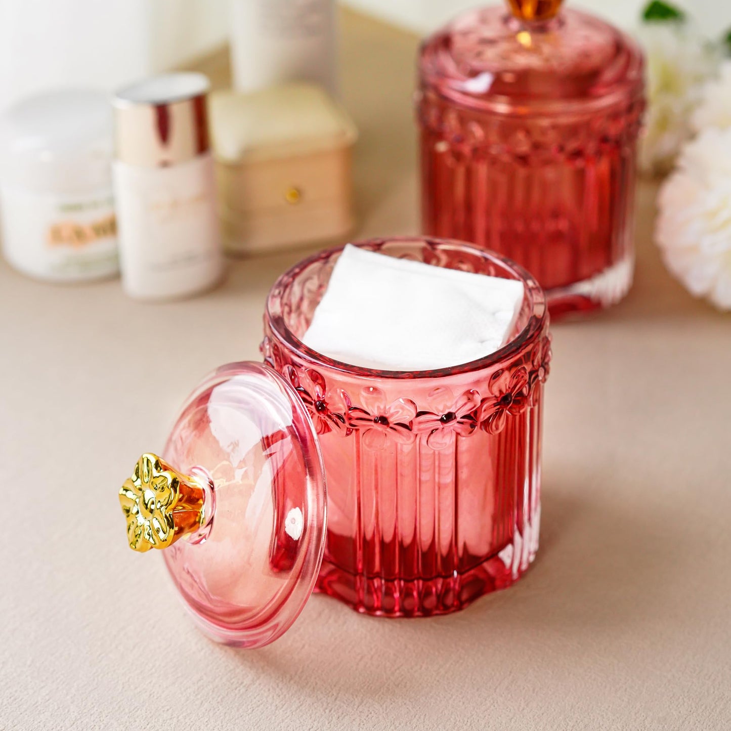 KANPURA Decorative Glass Jars with Lids,Crystal Apothecary Jars,Crystal Candy Jar,Glass Storage Bathroom Pink Jar Wedding Decor Gift for Women Mother,Wife