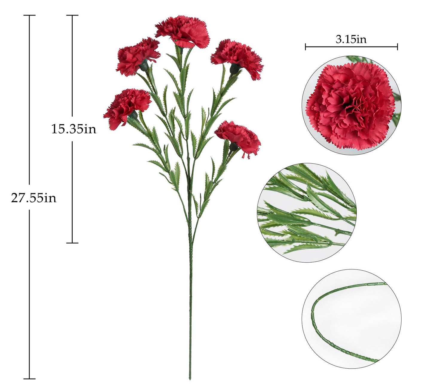 IPOPU Red Carnations Artificial Flowers 30 Heads Carnations Flowers 6PCS Silk Carnations 27.56in Artificial Carnations with Stems for Wedding Home Centerpieces Floral Arrangements(Red)