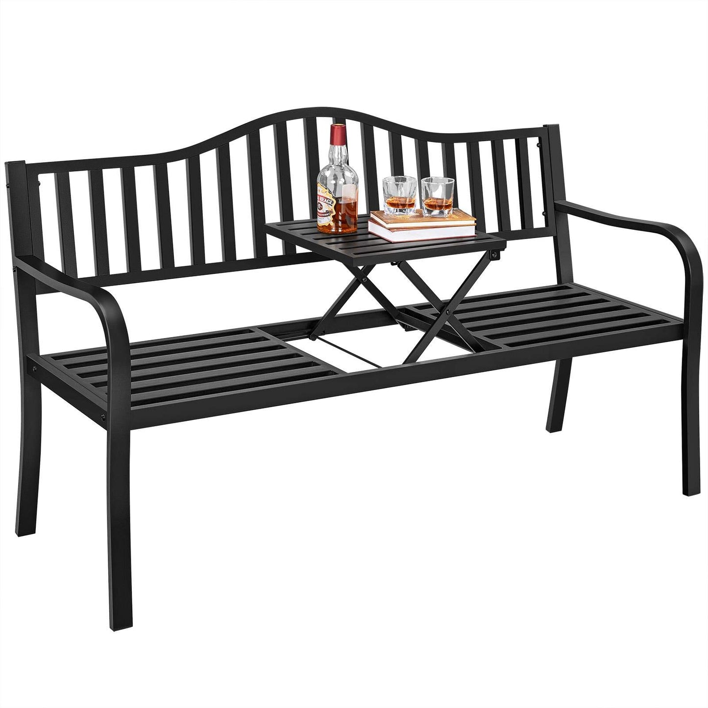Yaheetech Outdoor Garden Bench w/Pullout Middle Table, Metal Patio Bench, Front Porch Bench for Backyard, Weather-Resistant Frame, Patio Seating for 2-3 Person, Black