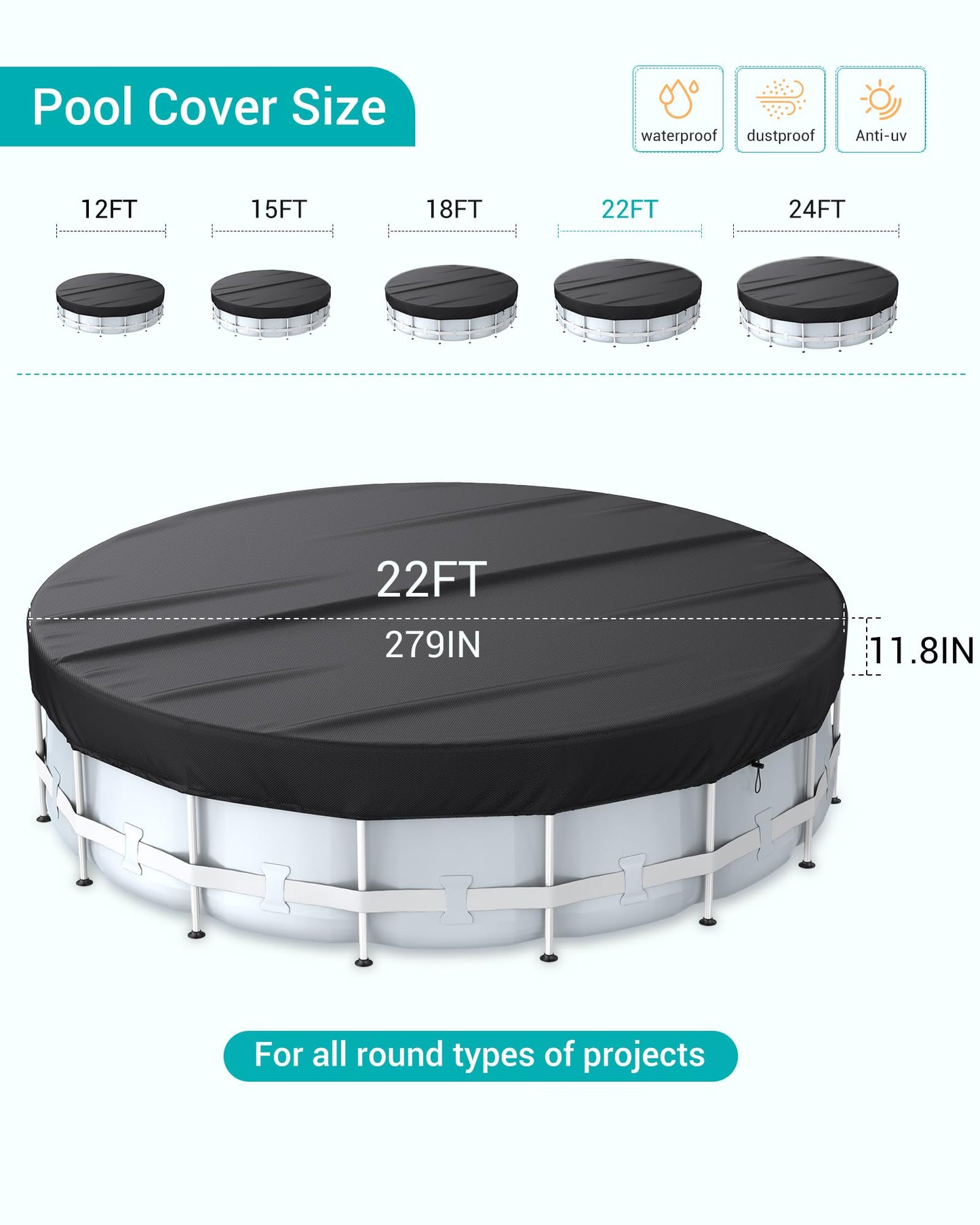 BROSYDA Round Pool Cover, 22 Ft Swimming Pool Cover for Above Ground Pools, Hot Tub Cover, Heavy Duty Pool Cover with Ground Nails, Tension Hook, Drawstring (Black)