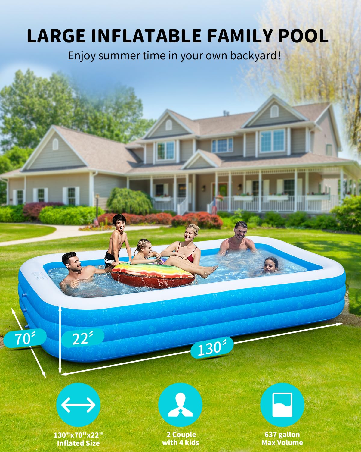 Extra Large Inflatable Swimming Pool with Pump，Lylting 130"x72"x22" Big Outdoor Blow Up Inflatable Pool for Adults, Full Size Family Swimming Pools for Backyard Home Garden Lawn Indoor Outdoor