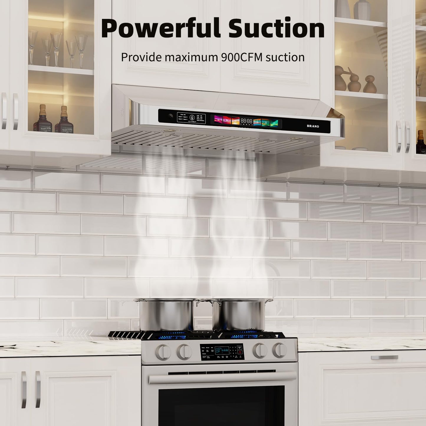 BRANO 30 Inch Under Cabinet Range Hood with Voice/Gesture/Touch Control, 900 CFM Kitchen Vent Hood with 4-Speed Exhaust Fan, Stainless Steel Stove Hood with LED Lights, Baffle Filters