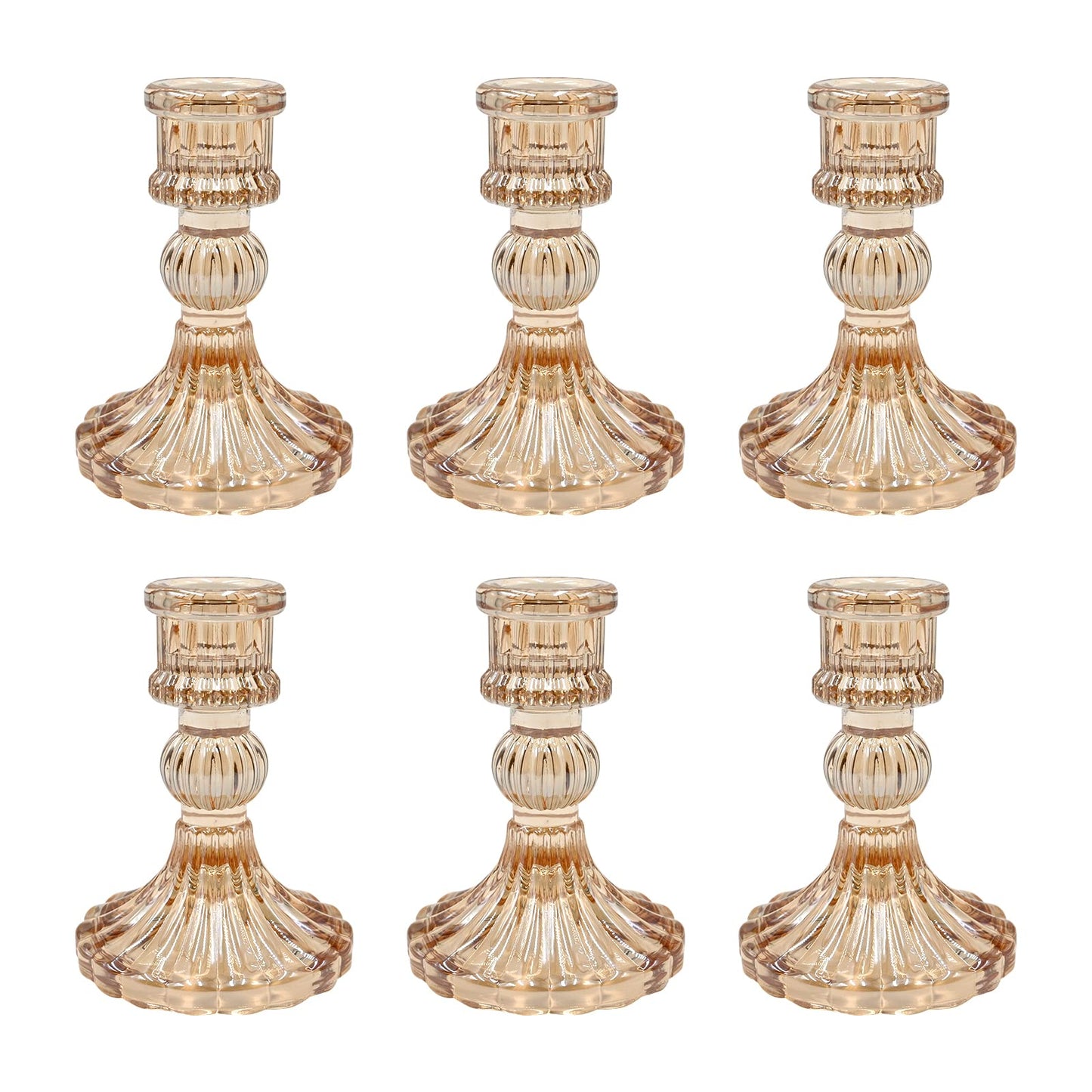 Showin Glass Candlestick Holders Set of 6, Champagne Stripe Taper Candle Holders for Table Centerpiece, Home Decorations, Valentine Day, Wedding and Party