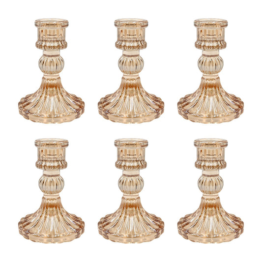 Showin Glass Candlestick Holders Set of 6, Champagne Stripe Taper Candle Holders for Table Centerpiece, Home Decorations, Valentine Day, Wedding and Party