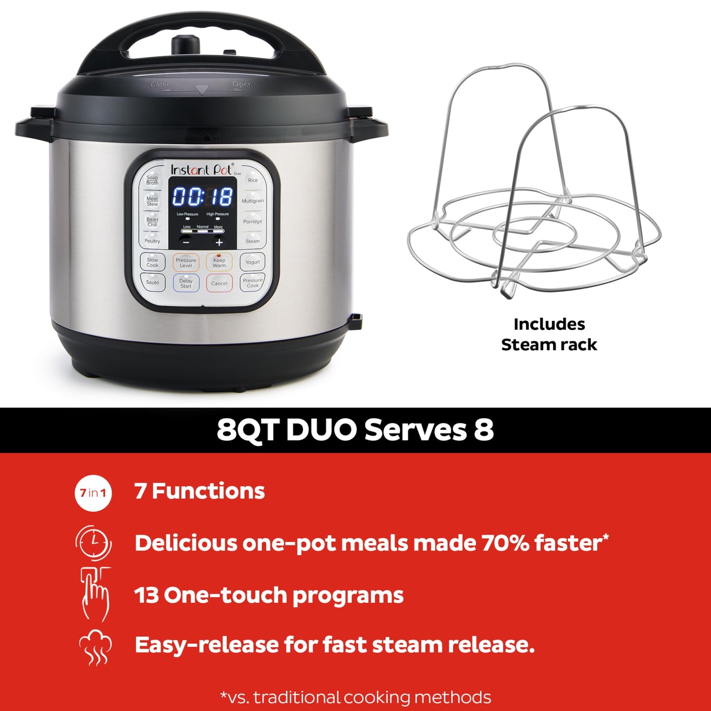 Instant Pot Duo 7-in-1 Electric Pressure Cooker, Slow Cooker, Rice Cooker, Steamer, Sauté, Yogurt Maker, Warmer & Sterilizer, Includes App With Over 800 Recipes, Stainless Steel, 8 Quart