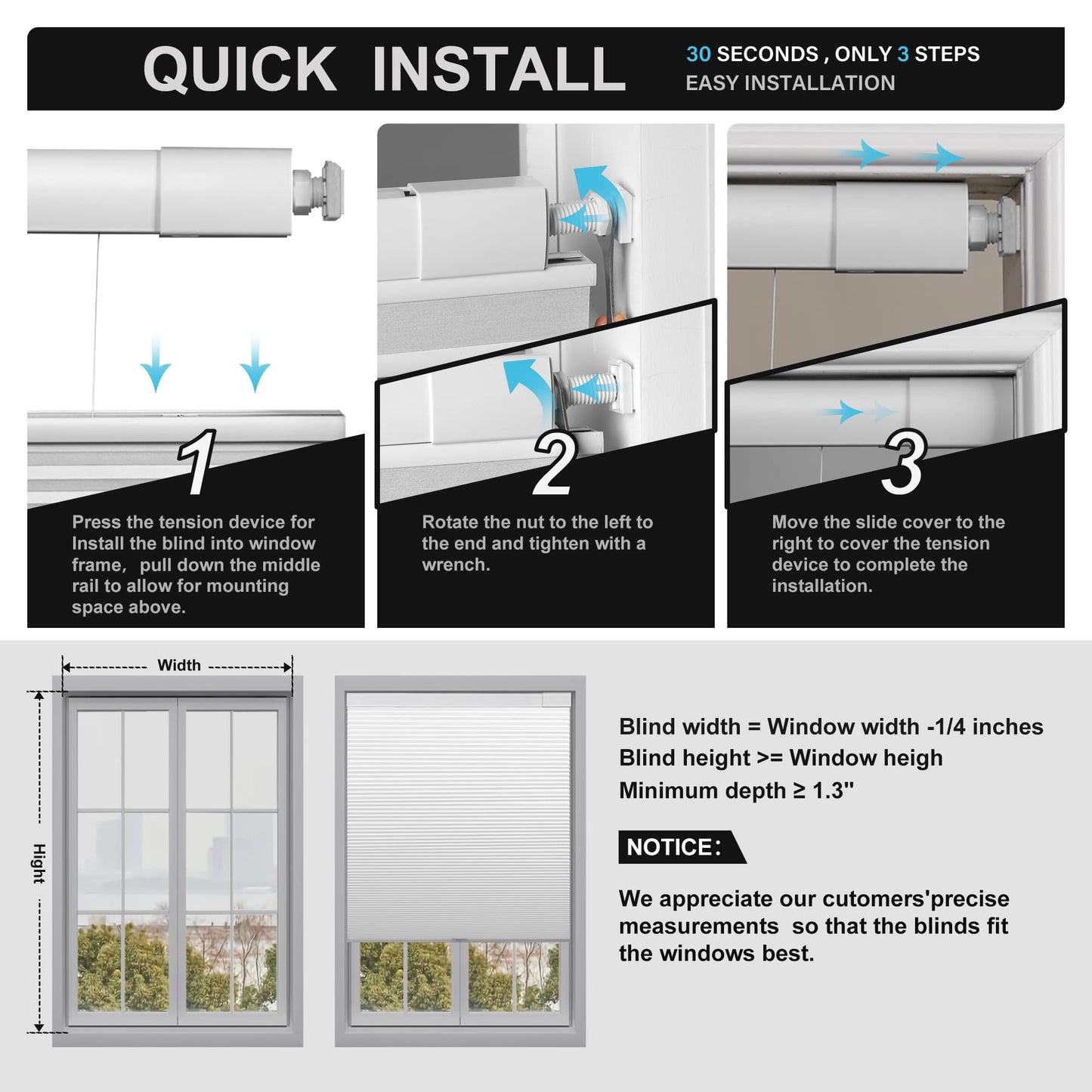 Boolegon No Drill No Tools Cellular Shades Top Down Bottom Up Honeycomb Blinds Blackout Cordless Window Blinds Easy to Install Cellular Shade for Windows,Blackout-White,Custom Size