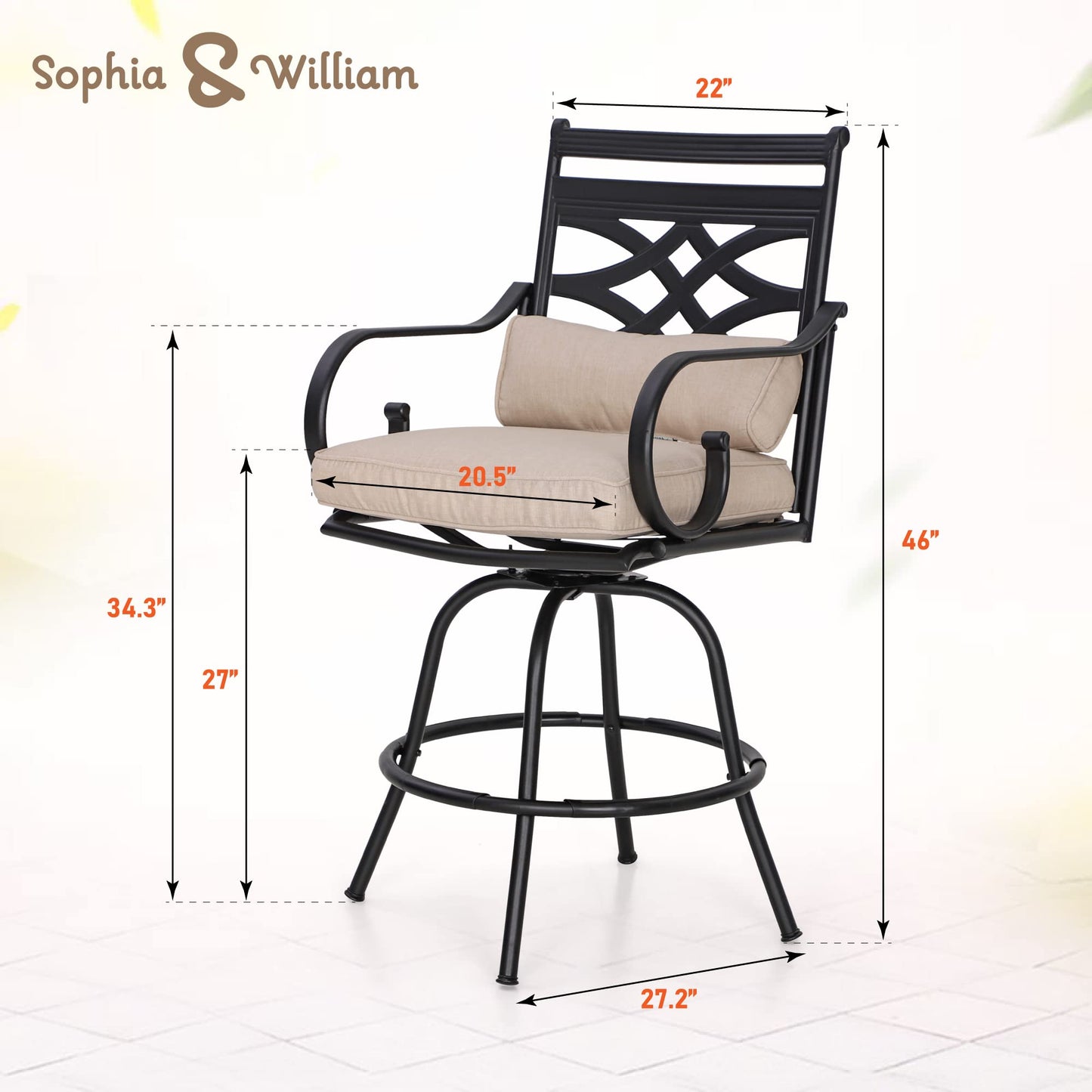 Sophia & William Patio Bar Stools Set of 4, Swivel Bar Chairs, High Dining Chairs with Seat Cushion