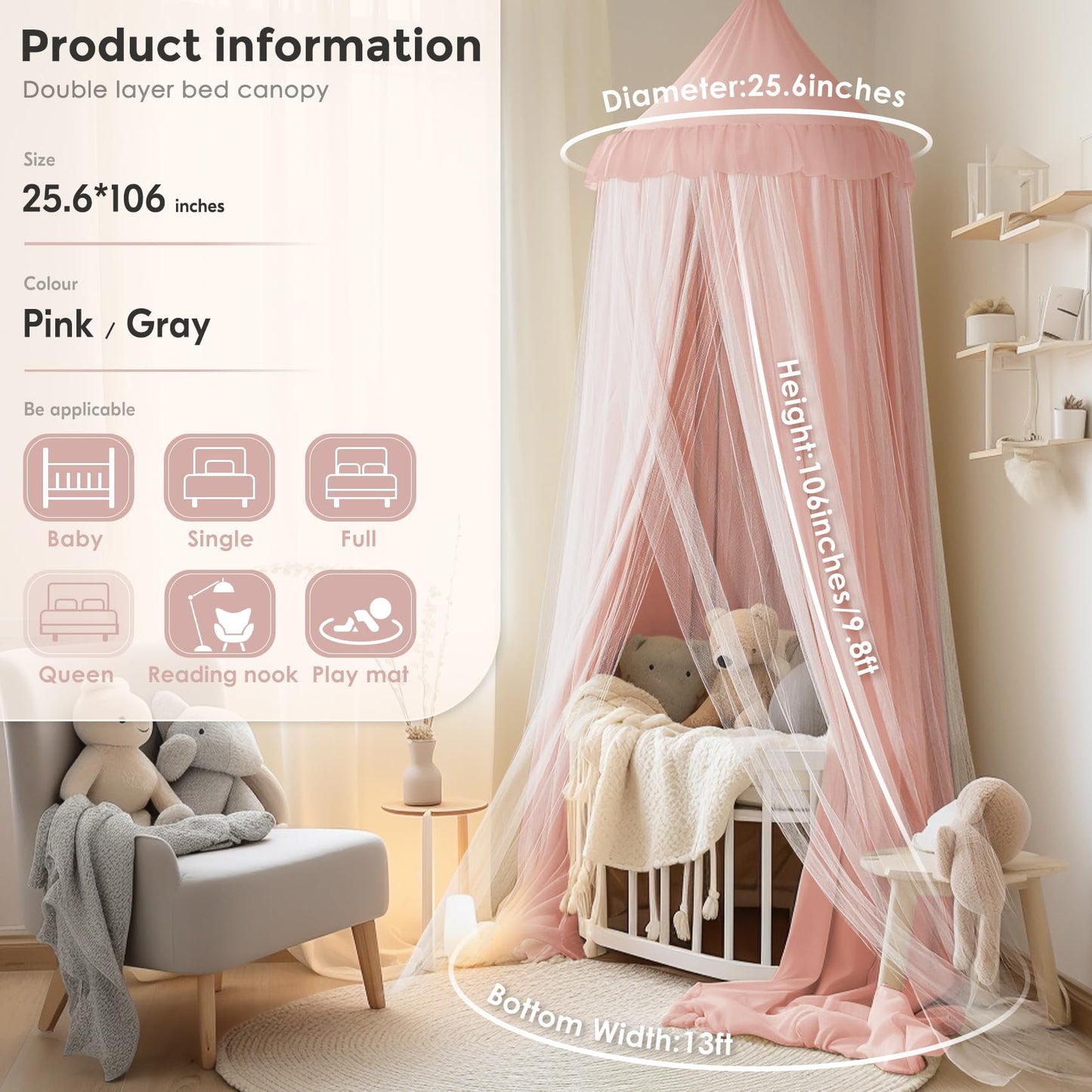 little dove Bed Canopy with Star Lights, Double Layer Canopy for Bed, Princess Play Tent for Girls Room, Breathable Canopy Bed Curtain for Children Reading Nook, Machine Washable Canopy, 25.6''x106''