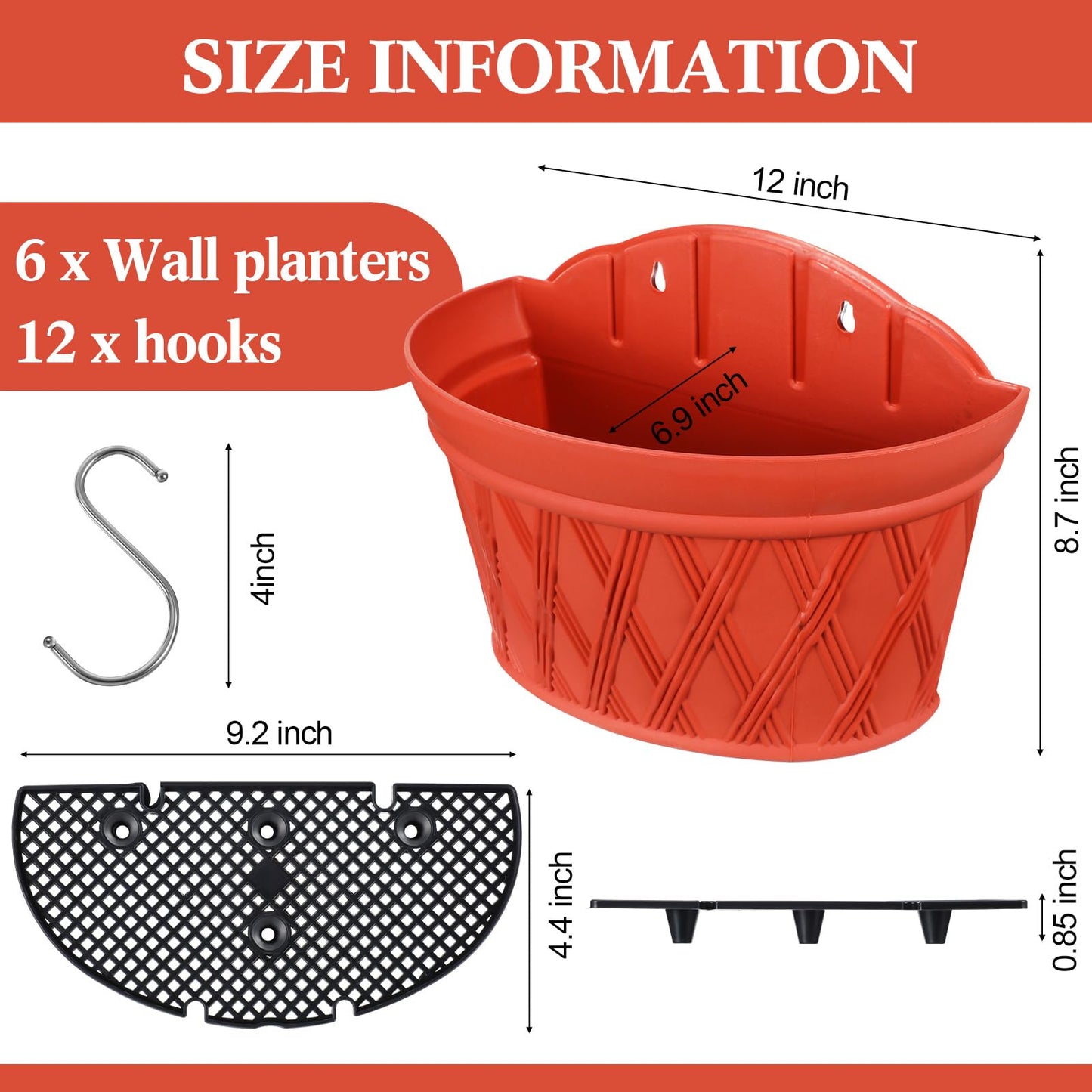 Yungyan 6 Pack Large Wall Hanging Planters 12 Inch Hanging Flower Pot for Railing Fence Plastic Plant Wall Hanging Basket for Indoor Outdoor Railing Balcony Decor Garden Yard (Brick Red)