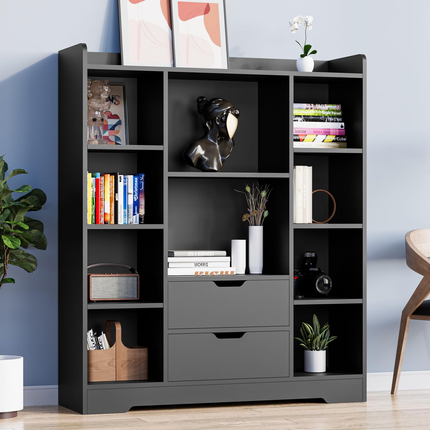 Cozy Castle Black Bookshelf, 4-Tier Open Shelf Bookcase with 2 Drawers and 10 Cubes, Wood Cube Storage Organizer Shelf for Bedroom, Living Room, 39.4" W X 47.2" H