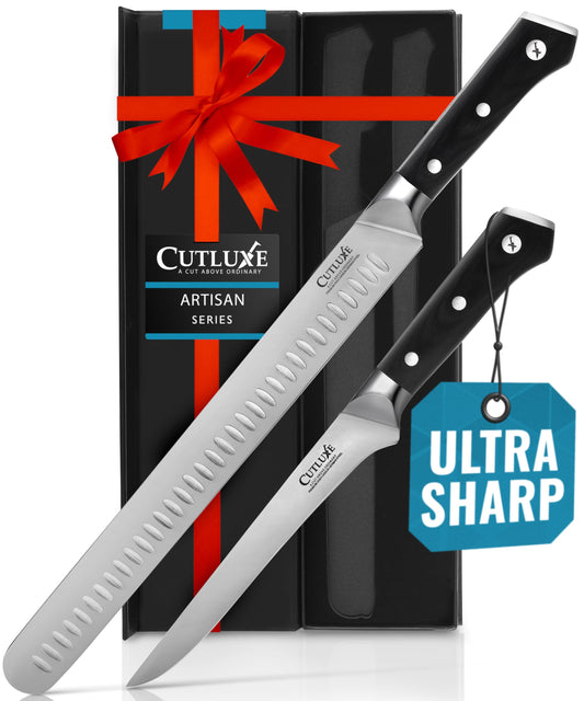 Cutluxe BBQ Carving Knife Set – Brisket Slicing Knife and Boning Knife for Meat Cutting – Professional Knife, Razor Sharp German Steel, Full Tang, Ergonomic, Grilling Gifts for Men – Artisan Series