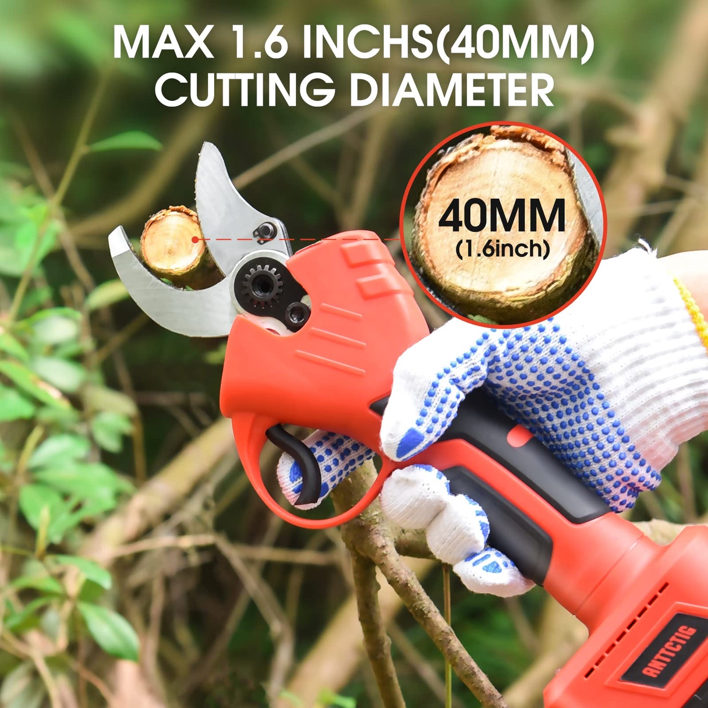 Anttctig Electric Pruning Shears, 40mm 1.6" Cutting Diameter Cordless Power Pruner for Gardening with 2Pcs 2000mAh Rechargeable Batteries & Replacement Blades Set, Tree Pruner Branch Cutter