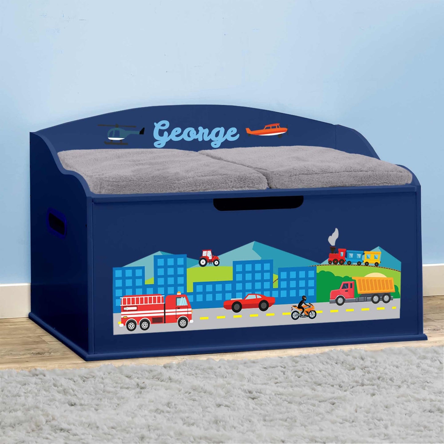 DIBSIES Personalized Creative Wonders Toy Box (Cars, Trucks, Planes, and Trains, Blue)