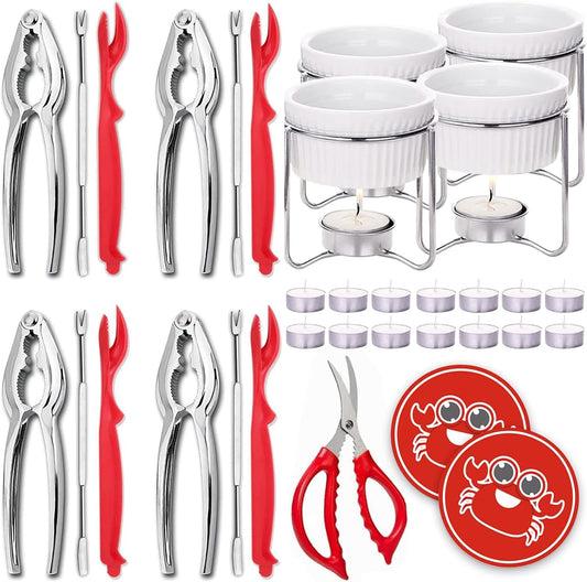 Luvan 33 Pcs Crab Crackers and Tools Set with 4 Crab Leg Crackers, 4 Crab Forks, 4 Lobster Shellers, 4 Butter Warmers, 1 Seafood Scissors, 14 Tealight Candles and 2 Crab Grabbers - Seafood Tools Set