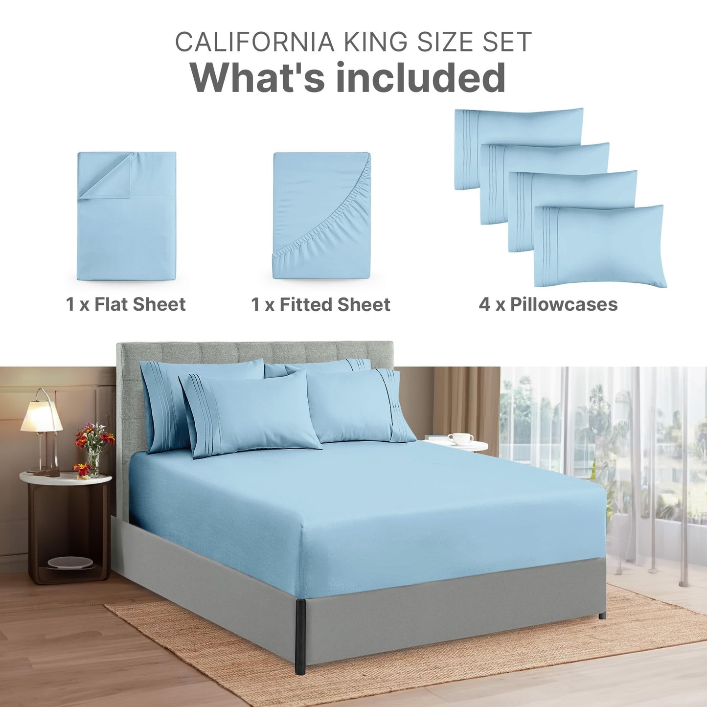 Extra Deep Cal King Sheet Set - 6 Piece Breathable & Cooling Sheets - Hotel Luxury Bed Sheets Set - Easy Fit - Soft, Wrinkle Free & Comfy Sheets Set - Light Blue Sheet Set w/Extra Deep Pockets
