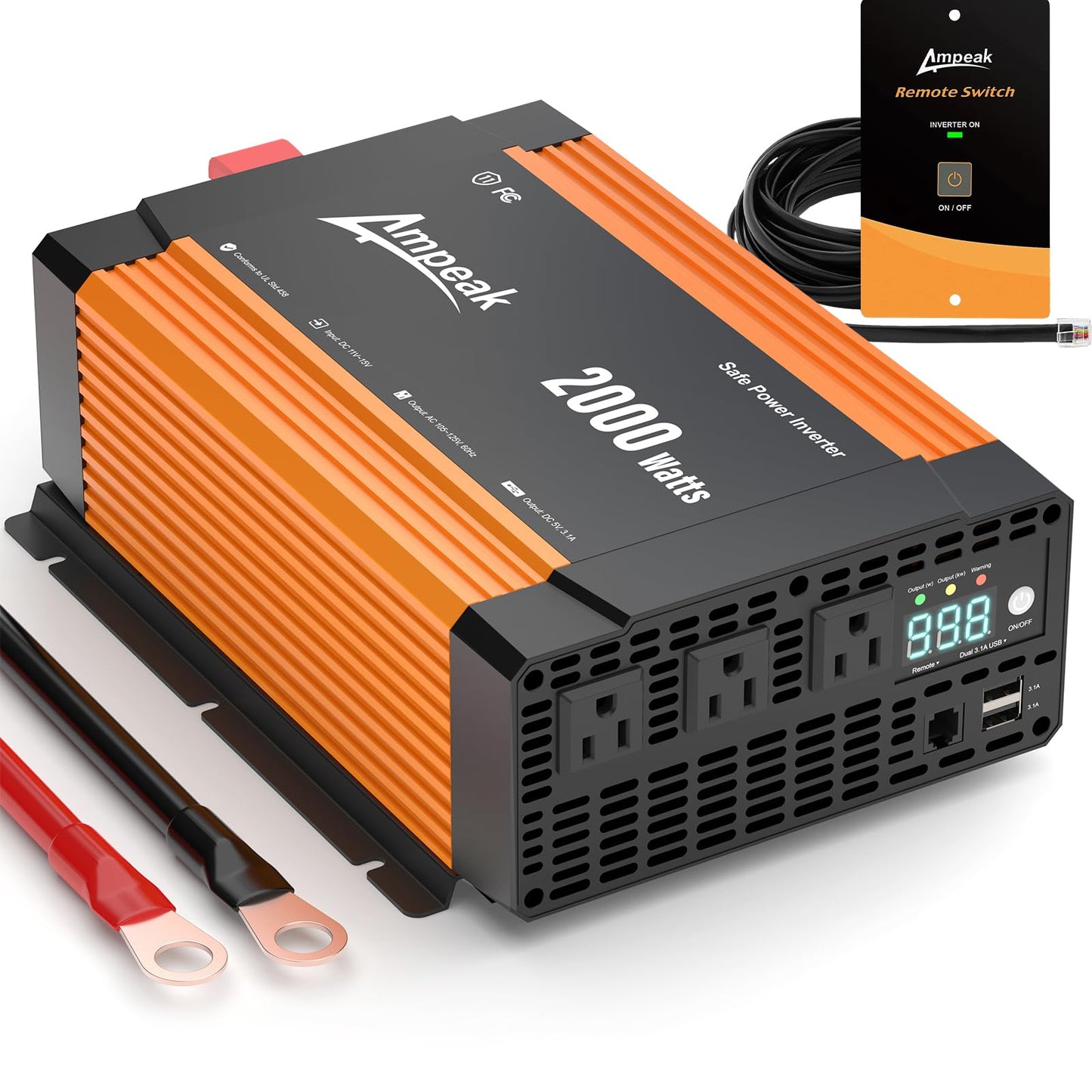 Ampeak Power Inverter 2000W UL458 Modified Sine Inverter 12V DC to 120V AC Built-in 40A*10pcs Fuse Conversion Efficiency 89.37% 3AC Outlets Dual 5V/3.1A USB Ports for Vehicles