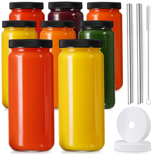 [ 8 Pack ] Glass Juicing Bottles with 2 Straws & 2 Lids w Hole- 16 OZ Travel Drinking Jars, Water Cups with Black Airtight Lids, Reusable Tall Mason Jar for Juice, Bubble Tea, Smoothie, Tea, Kombucha