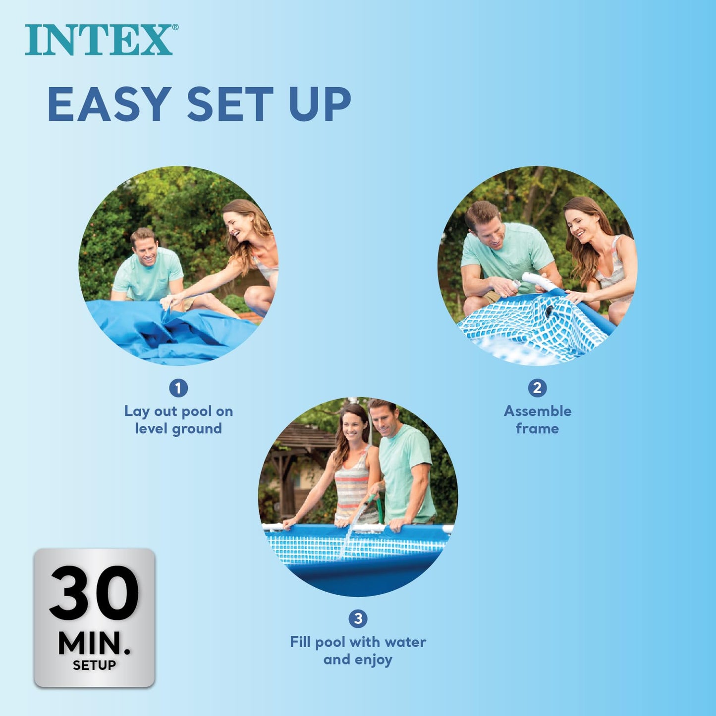 Intex 8.5ft x 26in Rectangular Frame Above Ground Quick Easy Set Up Backyard Outdoor Swimming Pool with Drain Plug for Ages 6 and Up, Blue