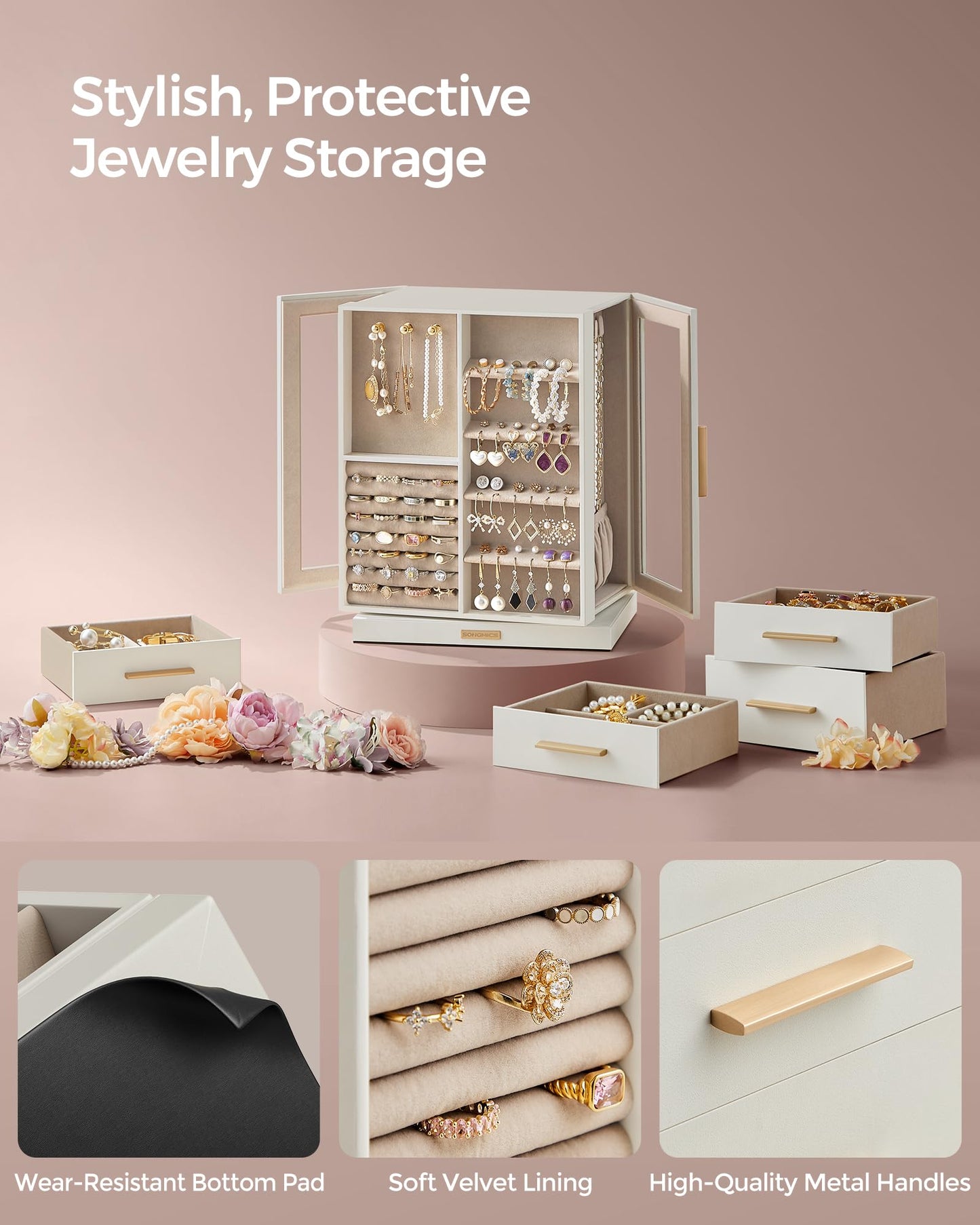 SONGMICS Jewelry Box 360° Rotating, Jewelry Storage Case with 5 Drawers, Jewelry Organizer, Glass Window, Spacious, Vertical Jewelry Storage, Open Design, Great Gift, Cloud White UJBC170W01