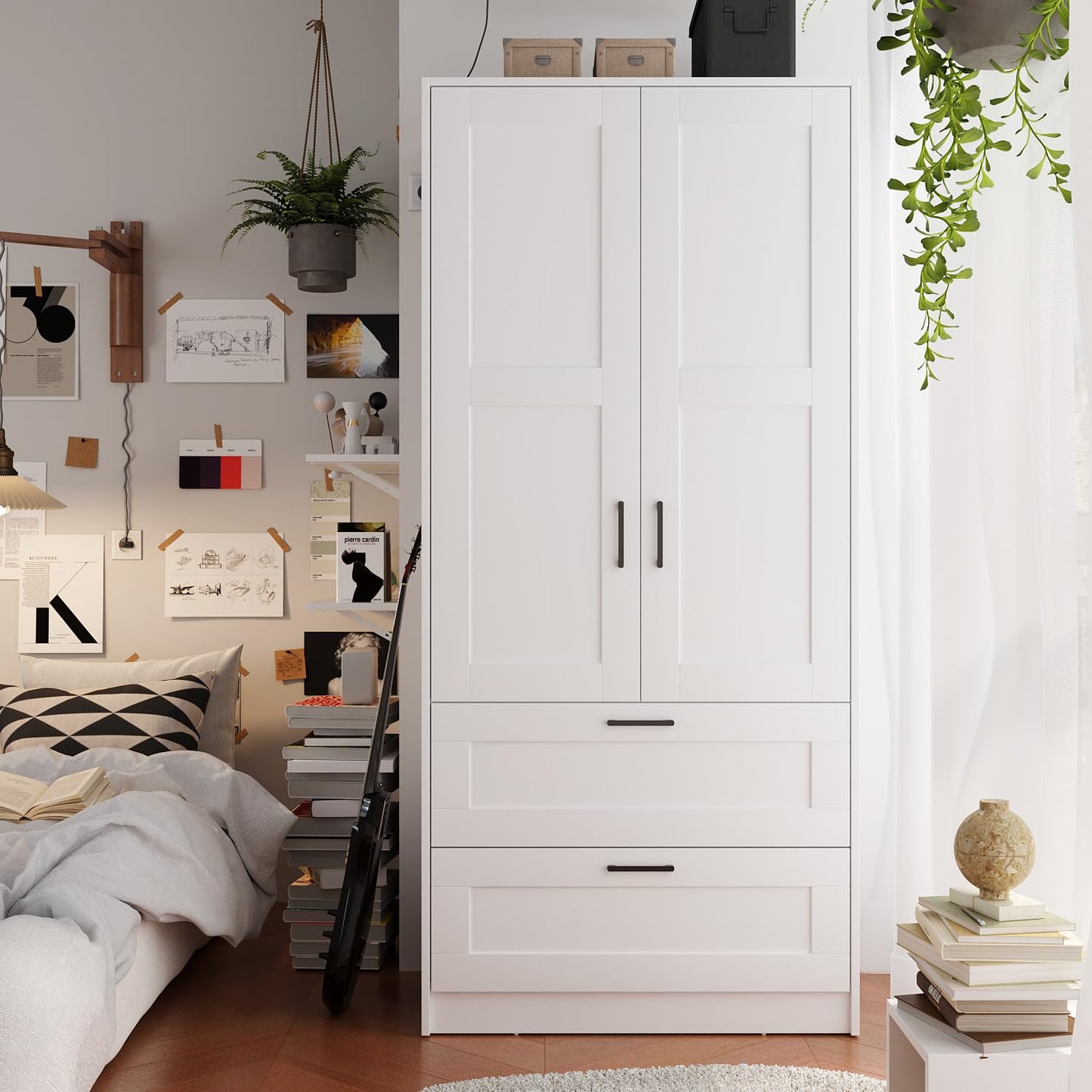 Fenghua Lizhi Wood White Wardrobe Closet with 2 Doors and Drawers，Bedroom Freestanding Armoire Storage Cabinet with Shelves，Wooden Wardrobe Combination for Hanging Clothes(31.5”W X 18.9”D X 68.9”H)