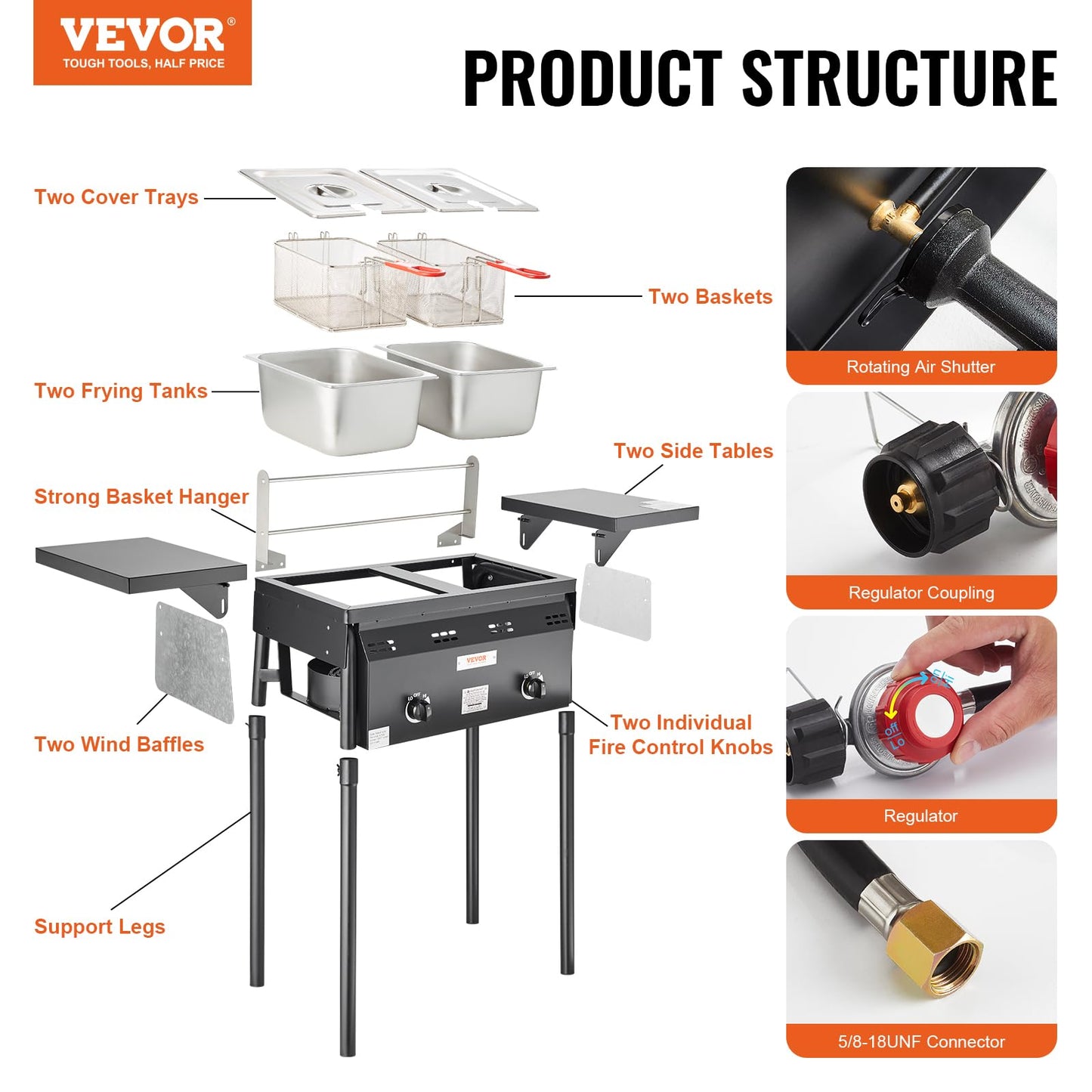 VEVOR Two-Tank Propane Deep Fryer, Commercial Deep Fryer, 16 Qt Stainless Steel Cooker with 2 Removable Baskets & Lids & Tanks, Oil Fryer Cart with Thermometer & Regulator, For Outdoor Cooking