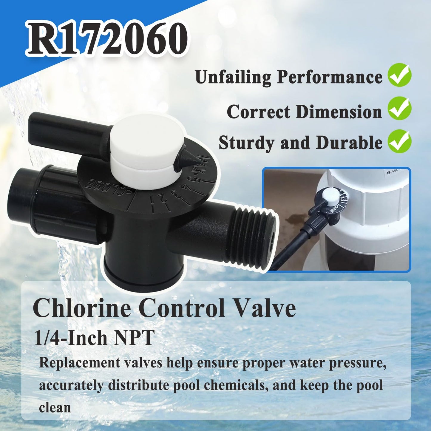 R172060 1/4-inch NPT Control Valve Replacement Part for Automatic Chlorine/Bromine Pool and Spa Feeder Models 300, 302, 300-19, and 300-29