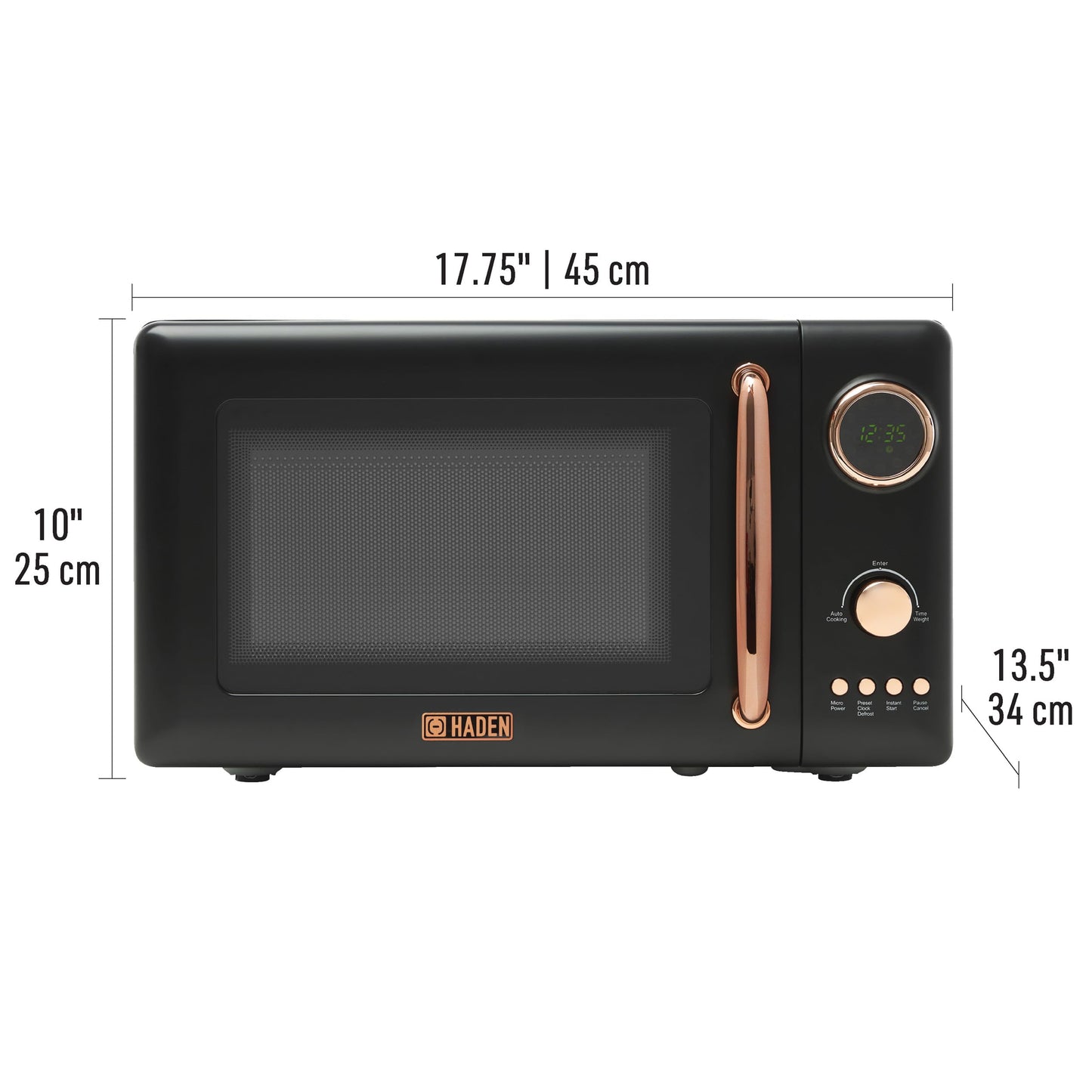 Haden 700 Watt 0.7 Cubic Foot Microwave Oven with Digital Controls, Defrost, and Instant Start Countertop Small Appliance, Black/Copper