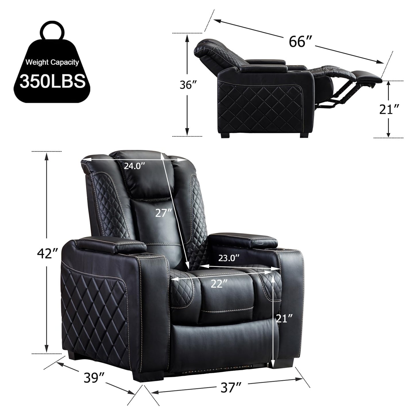 CANMOV Electric Power Recliner Chair with Ambient Lighting, Faux Leather Dual Motor Power Home Theater Seating with Adjustable Headrest, Hidden Arm Storage,Cup Holders,USB Ports (Single, Black)