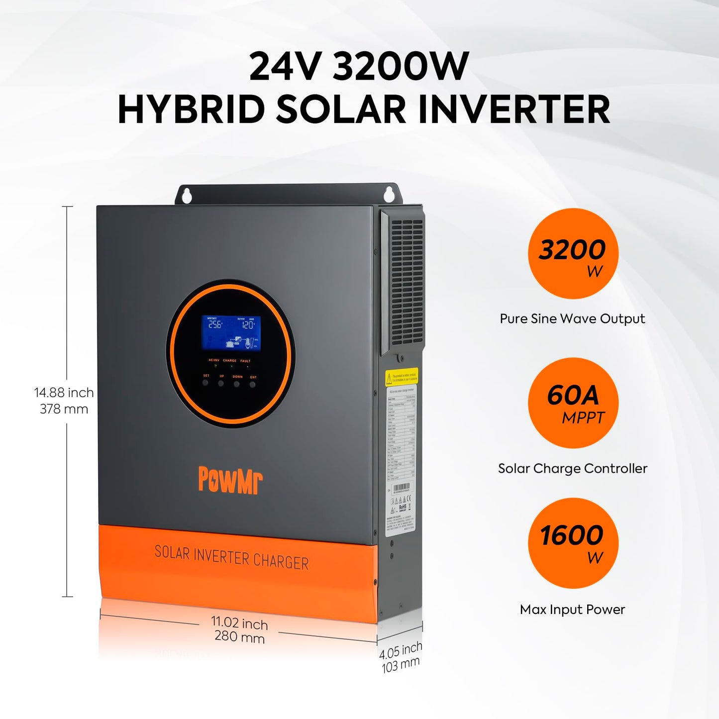 PowMr 3200W Solar Inverter, 24V DC to 120V AC with 60A MPPT Controller and 40A AC Charger Built-in, Pure Sine Wave Power Inverter 3200Watt, Max.PV Input 108V, Fit for Lithium Battery and Lead-Acid