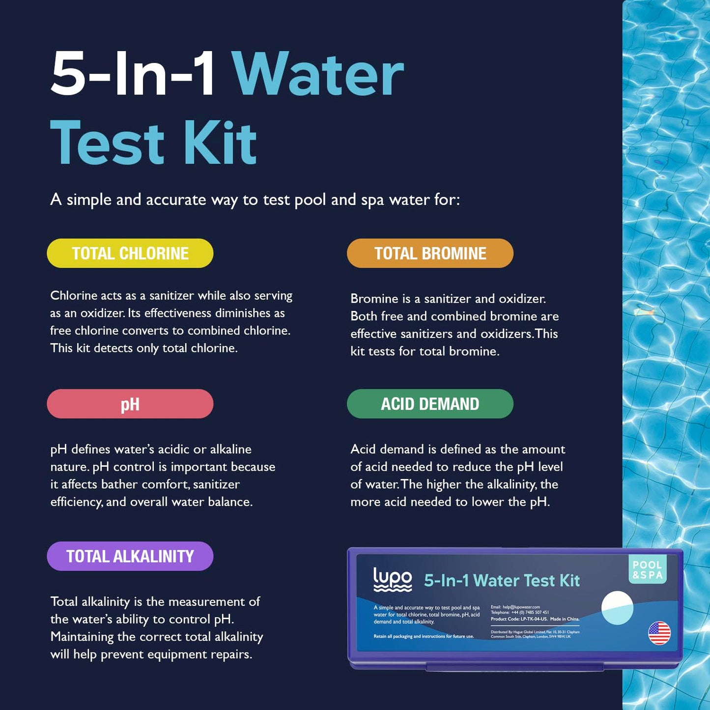 Lupo 5-in-1 Water Test Kit for Swimming Pools & Spas | Water Chemical Test Kit for Total Chlorine, Total Bromine, pH, Acid Demand and Total Alkalinity