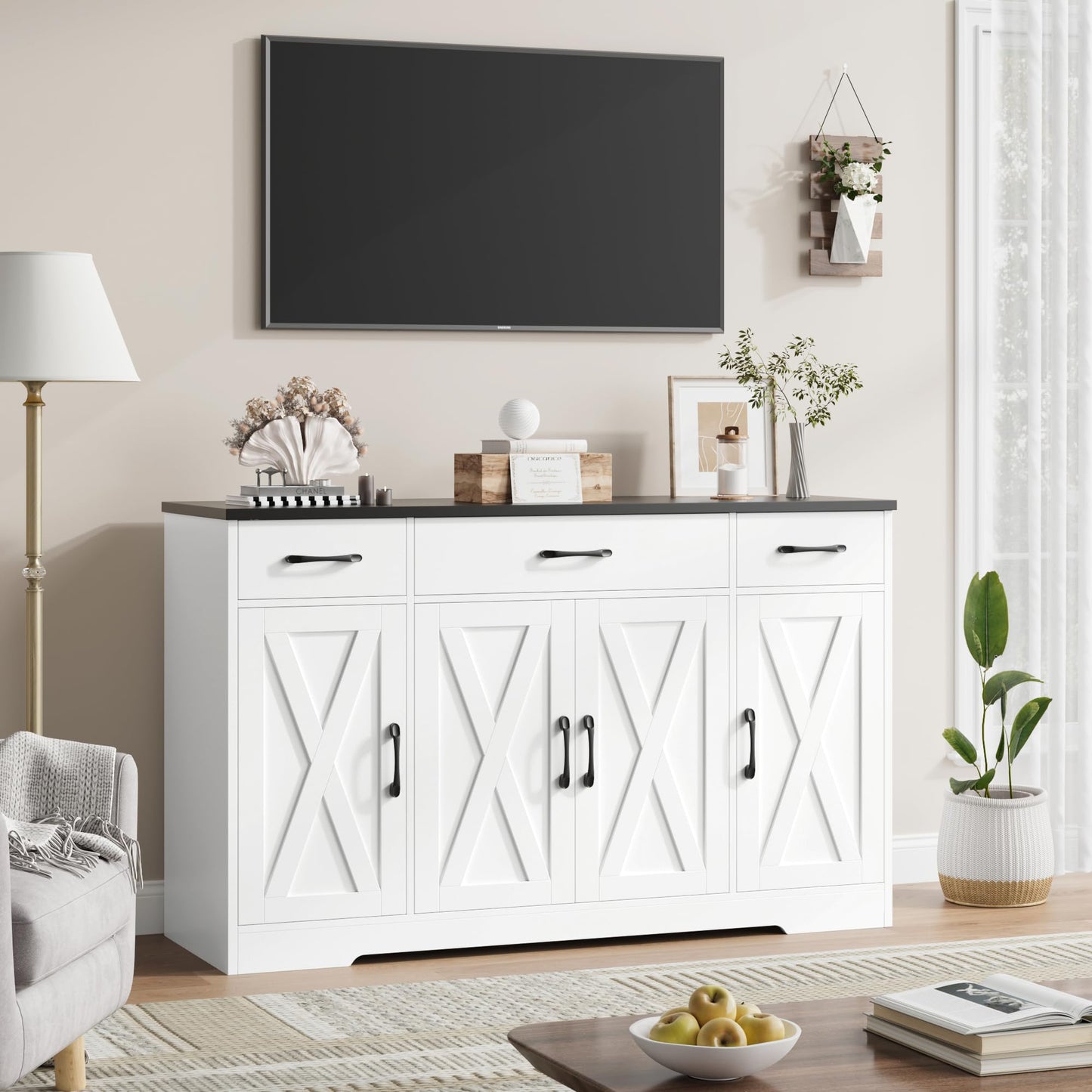 HOSTACK Buffet Sideboard Cabinet with Drawers, 55" Large Buffet Storage Cabinet with Shelves and Doors, Modern Farmhouse Coffee Bar Cabinet Wood Buffet Table for Kitchen, Dining Room, White/Black