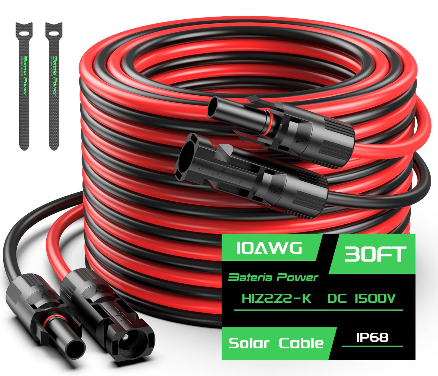 Bateria Power 30FT 10AWG Solar Panel Extension Cable, 6mm² Solar Extension Cable Wire with Female & Male Waterproof Connectors for RV, Photovoltaic Systems, Set of 2