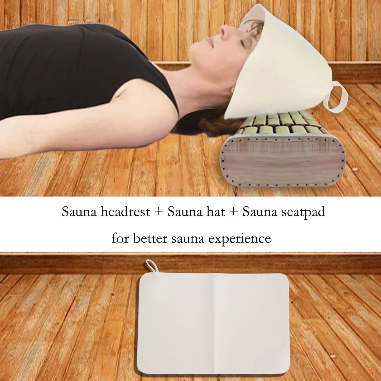 NUIBY Bamboo Sauna Headrest Pillow, 100% Natural Handmade Wood Sauna Pillow Sauna Neck Rest Sauna Accessory, Bonus Sauna Cap and Seat Pad Included, Summer Cool Cervical Spine Pillow (1 Set)