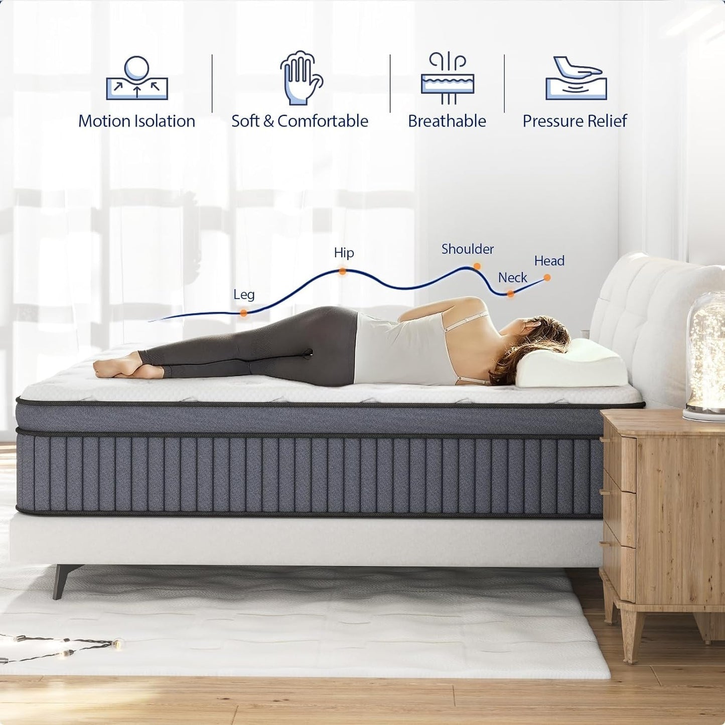EEN EEN SLEEP California King Mattress - Upgrade Strengthen - 12 Inch Hybrid Cal King Mattress in a Box, Mattress King Size with Memory Foam and Independent Pocket Springs, Strong Edge Support, Firm
