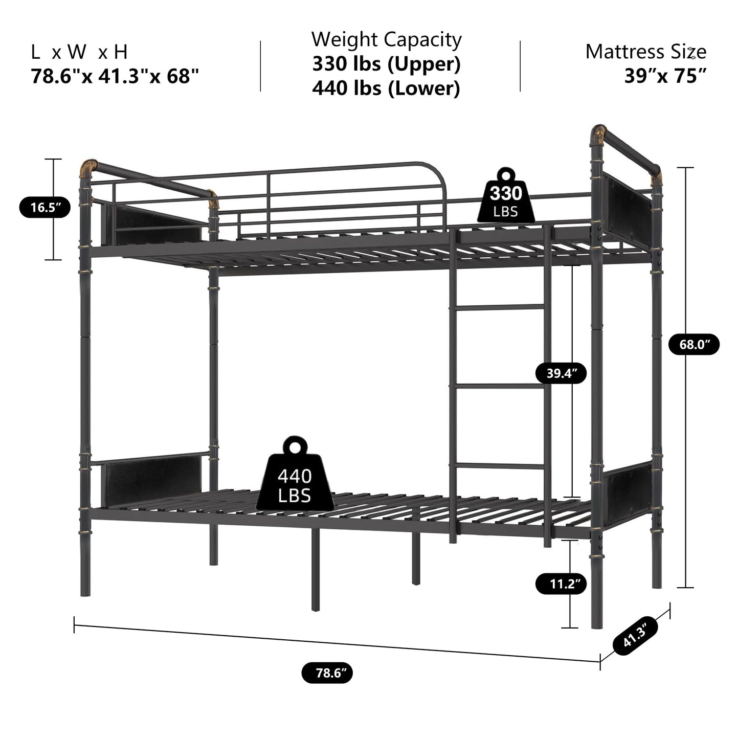 2 IN 1 Metal Bunk Bed Twin Over Twin, Convertible Twin Bunk Beds into 2 Individual Twin Size Bed for Kids Adults, 16.5" High Guard Rail,Space-Saving No Box Spring Needed Easy Assembly (Black)