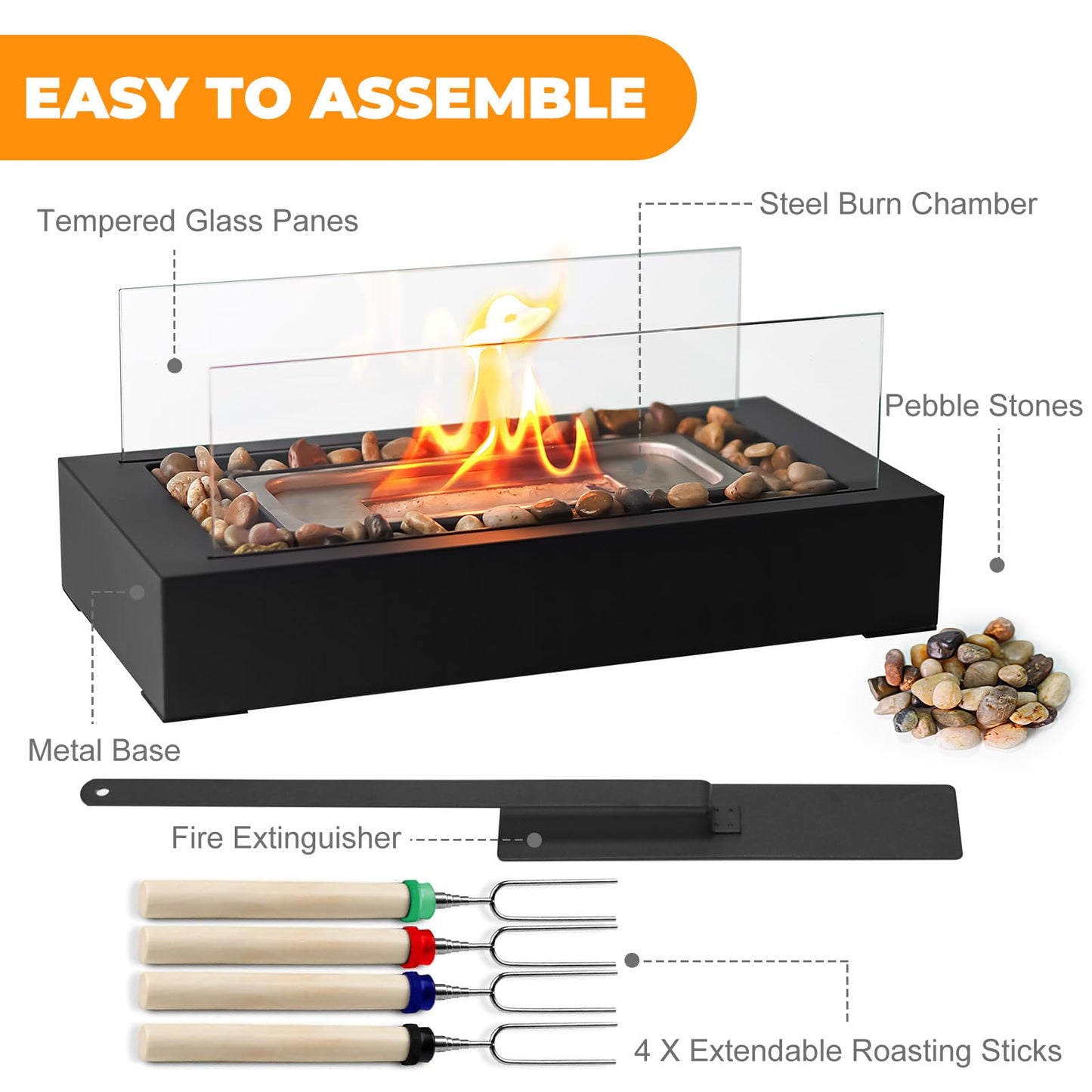 Rectangle Tabletop Fire Pit, Smores Maker Kit Portable Indoor/Outdoor Table Top Firepit, Safer Burning Tabletop Fireplaces with Cobblestone- Gift for Home Decor & Balcony Parties, Housewarming Gift