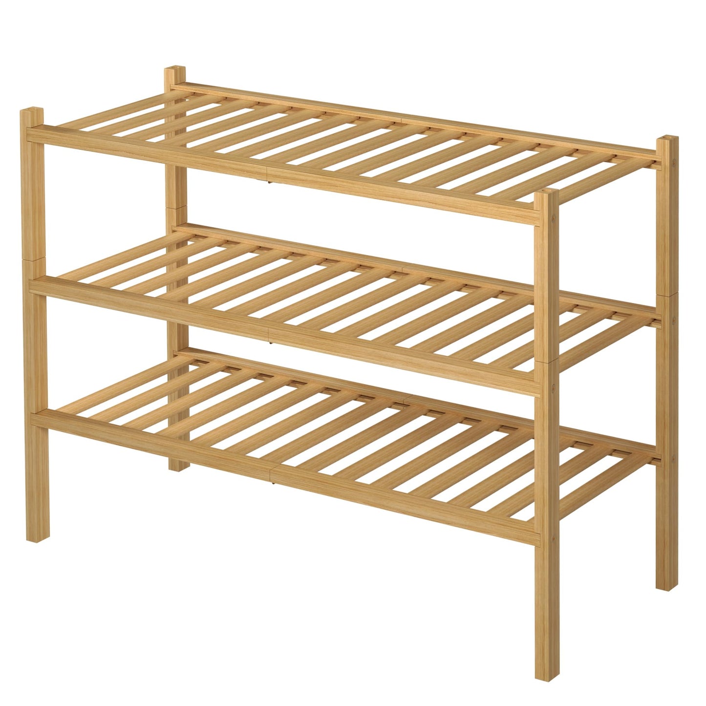 ROMGUAR CRAFT 3 Tier Bamboo Shoe Rack for Closet Free Standing Wood Shoe Shelf Storage Organizer for Entryway Small Space Stackable 27"x11"x20" (Natural)