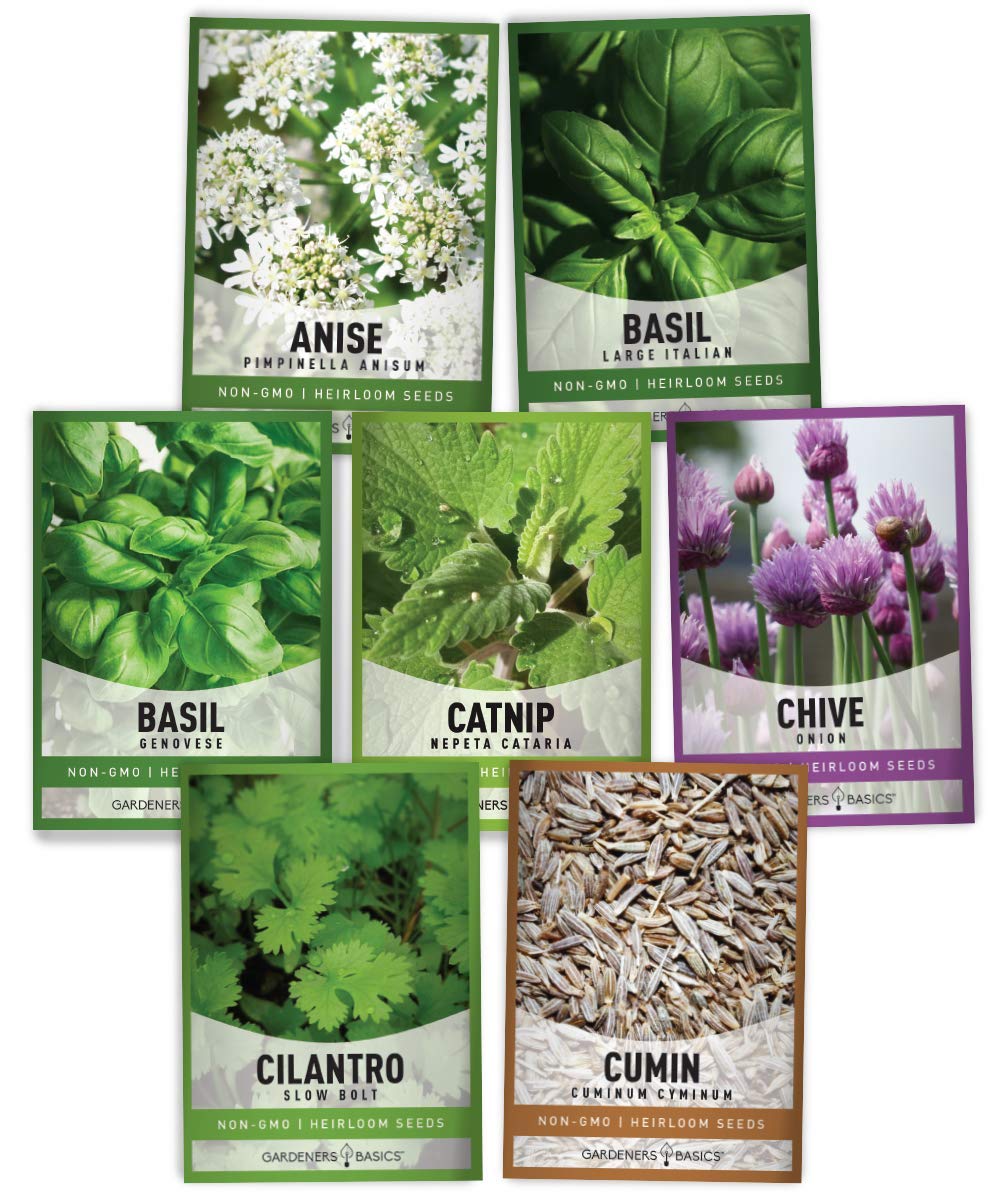 Gardeners Basics, 15 Herb Seeds For Planting Varieties Heirloom Non-GMO 5200+ Seeds Indoors, Hydroponics, Outdoors - Basil, Catnip, Chive, Cilantro, Oregano, Parsley, Peppermint, Rosemary and More