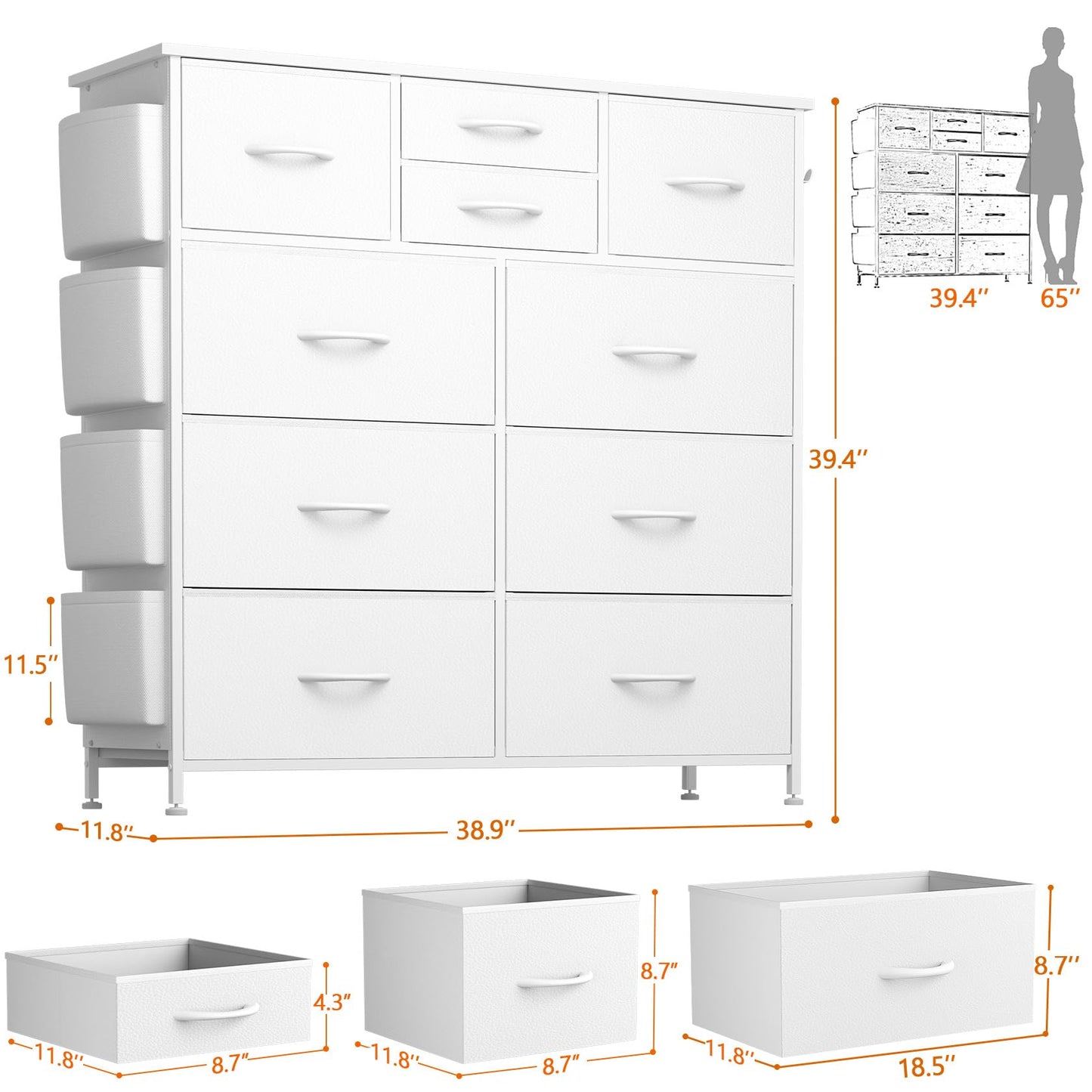 YaFiti 10 Drawer Dresser, Chest of Drawers for Bedroom, PU Dresser with Side Pockets, Hooks, Wooden Top and Sturdy Metal Frame for Living Room, Closet, Hallway (White)