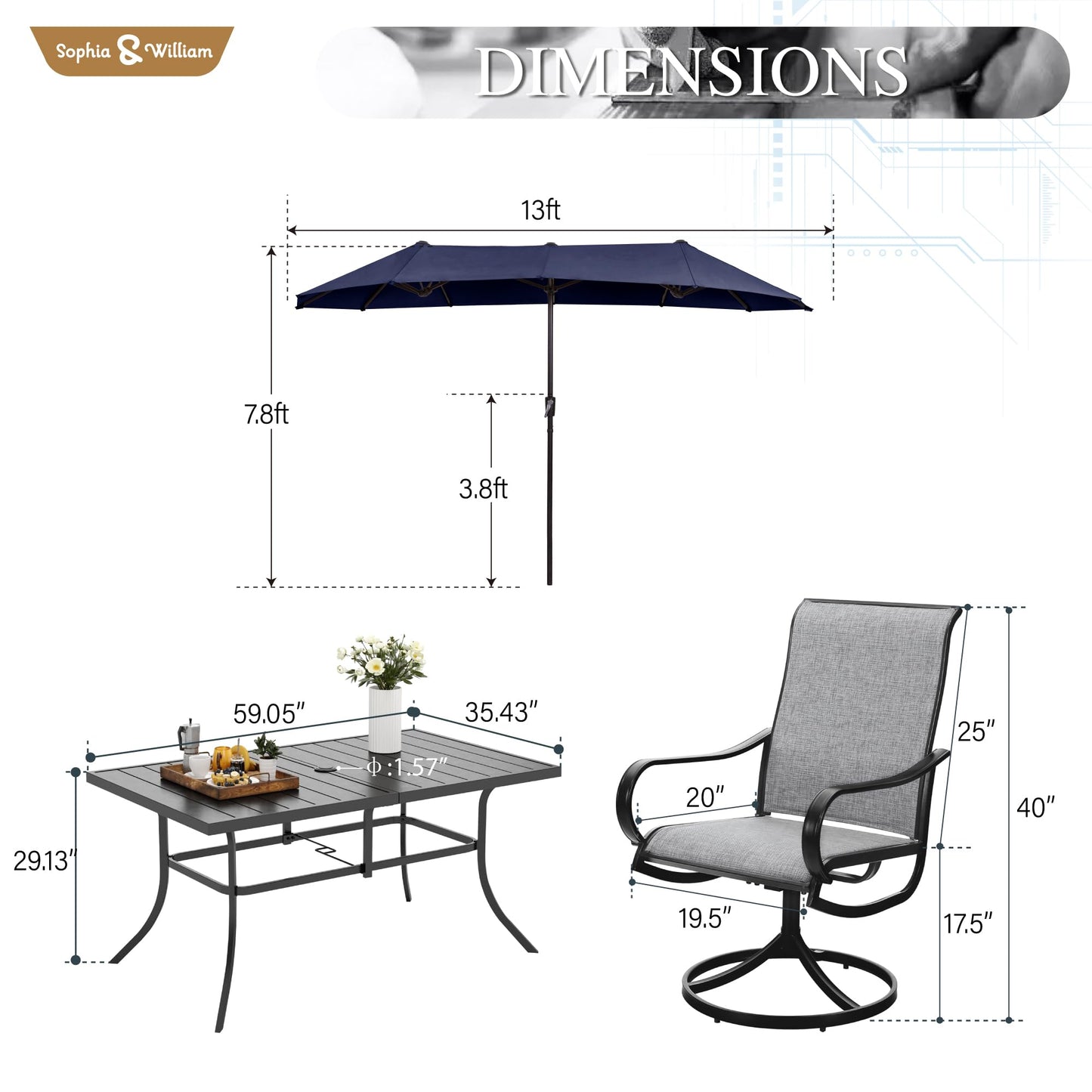 Sophia & William Patio Set with Umbrella 8 Pieces Outdoor Dining Set for 6 with 13ft Large Patio Umbrella Navy, 6 x Grey Swivel Patio Chairs with 59" Dining Table for Lawn Garden