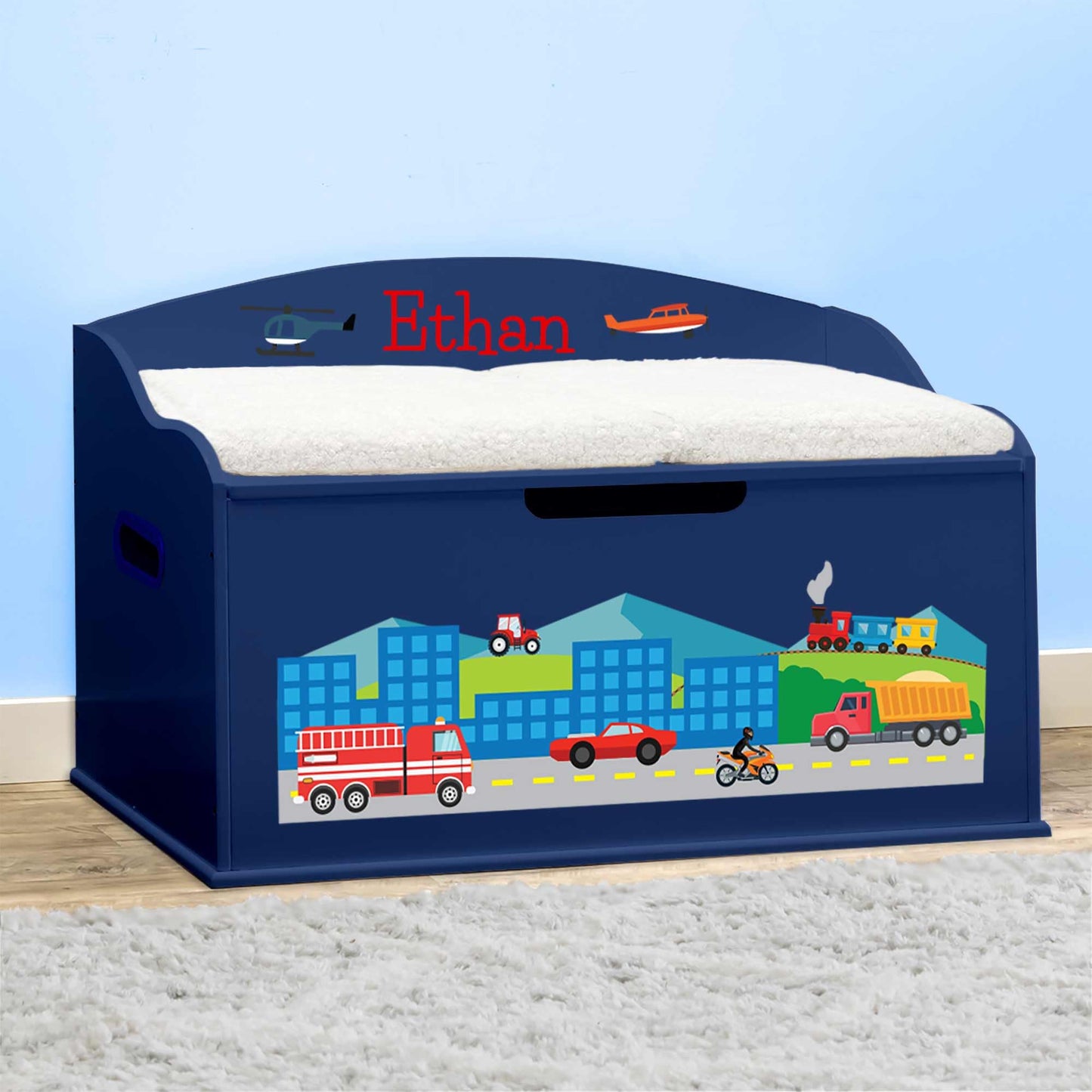 DIBSIES Personalized Creative Wonders Toy Box (Cars, Trucks, Planes, and Trains, Blue)