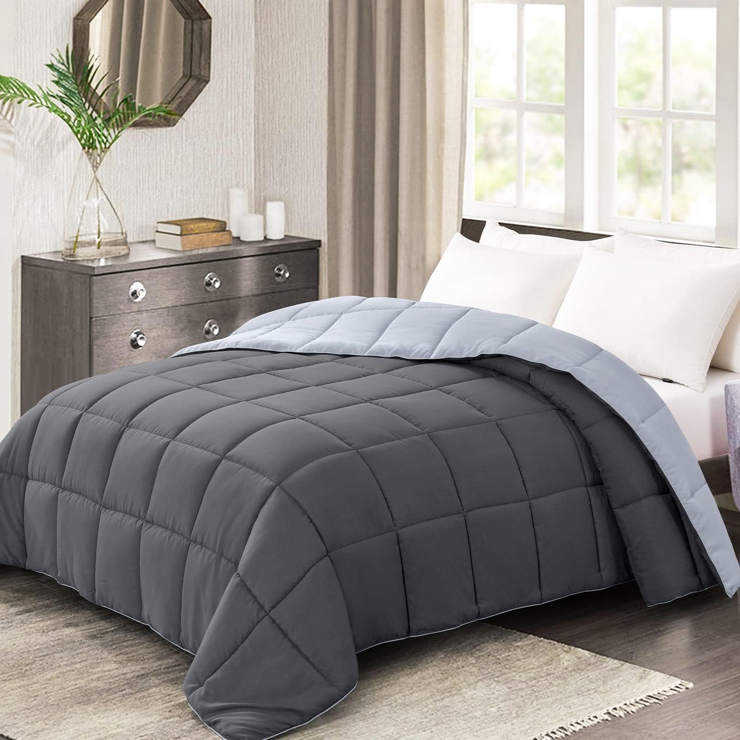 Homelike Moment California King Comforter - Grey Lightweight Down Alternative Bed Comforter, All Season Duvet Insert Quilted Reversible Bedding Comforters Soft Cal King Size Dark Gray/Light Grey