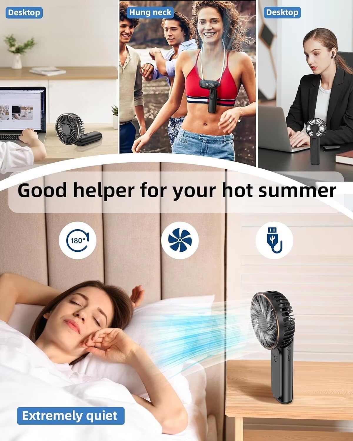 TUNISE Portable Handheld Fan, Portable Fan Rechargeable, 4000mAh, 180° Adjustable, 6 Speed Wind, Display Electricity in Real Time, USB Rechargeable Foldable Fan, Quiet Personal Fan as Power Bank