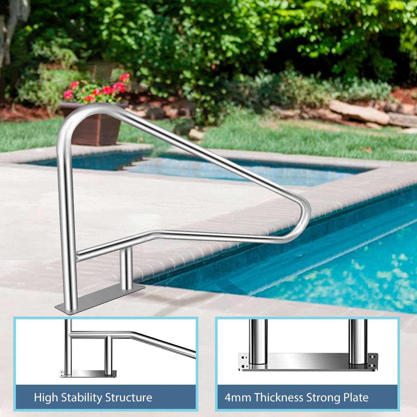 Pool Rail for inground Pools (54x32), 304SS Pool handrail with Nonslip Blue Cover.