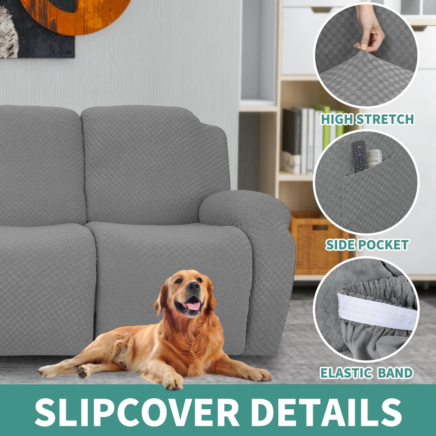 YEMYHOM 4 Pieces Stretch Recliner Slipcover Latest Jacquard Recliner Chair Cover with Side Pocket Anti-Slip Fitted Recliner Cover Couch Furniture Protector with Elastic Bottom (Recliner, Light Gray)