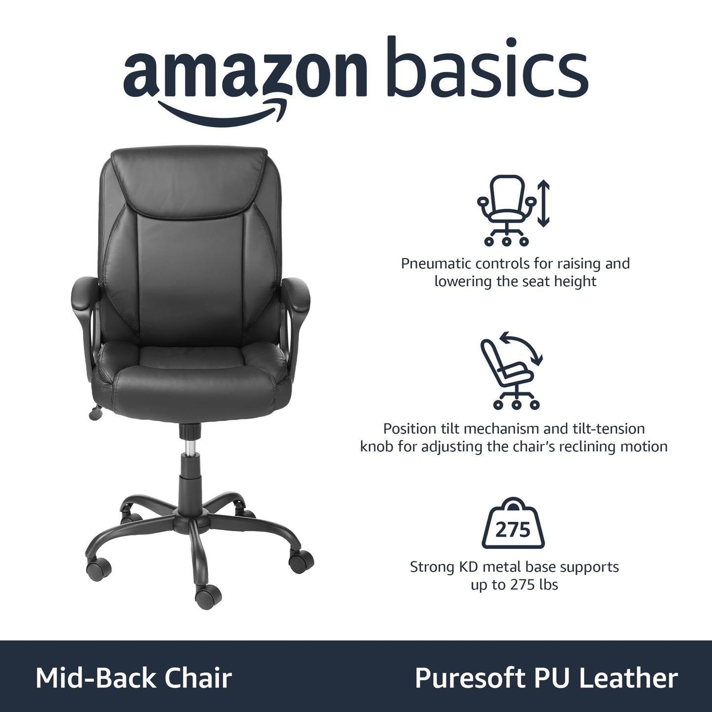 Amazon Basics Classic Puresoft PU Padded Mid-Back Height Adjustable Office Computer Desk Chair with Armrest, 26"D x 23.75"W x 42"H, Black